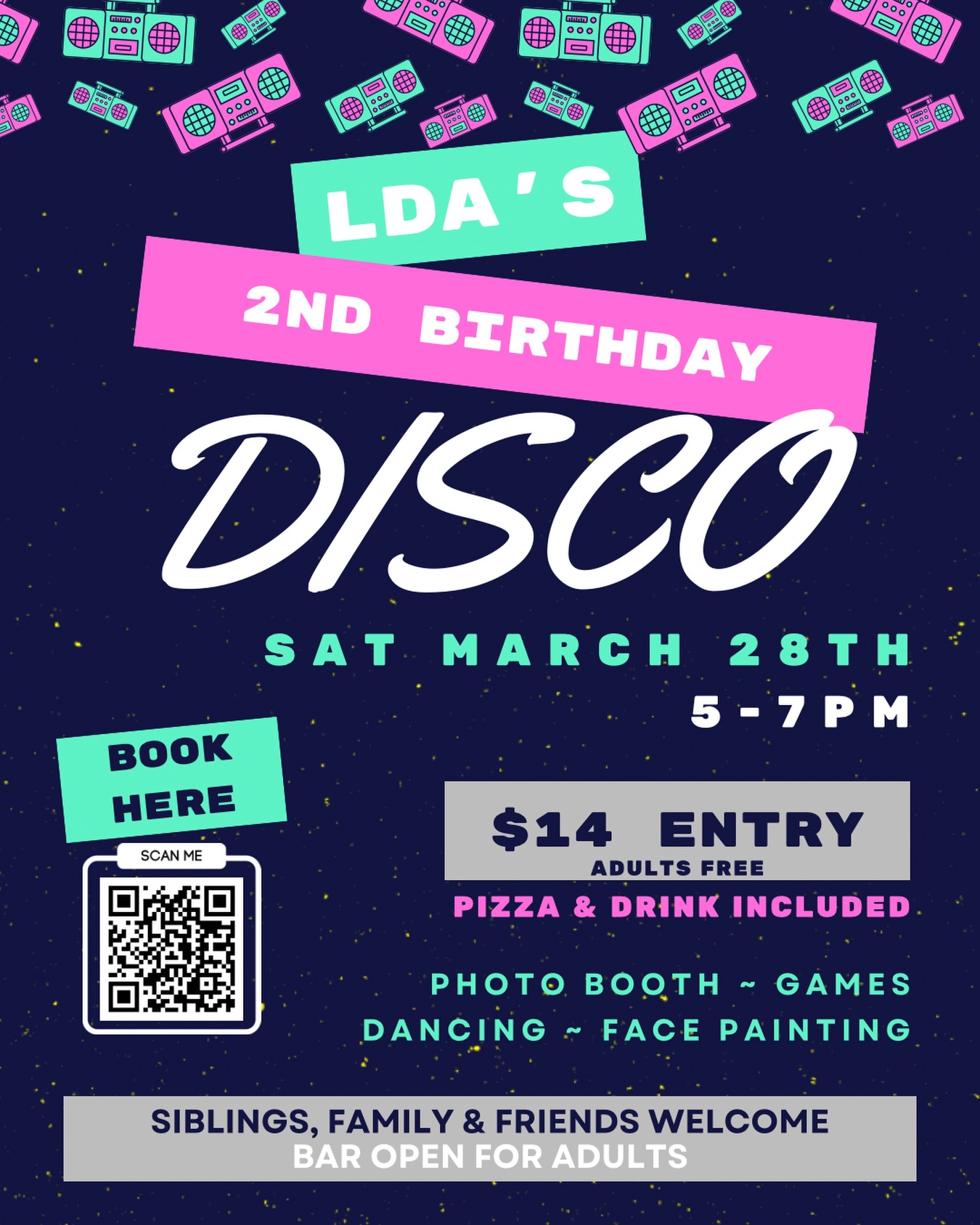🪩✨ LDA’s 2nd Birthday DISCO! ✨🪩
Get ready to boogie as we celebrate 2 years of Let’s Dance Academy with the ultimate disco party! 💃🕺🎉
📅 Saturday, 28th March ⏰ 5:00 – 7:00 PM
🎟 $14 Entry | Adults FREE 🍕 Pizza & drink included
✨ What’s in store: 📸 Photo Booth 🎨 Face Painting 🎮 Games 🕺 Dancing & Loads of Fun
👨👩👧👦 Siblings, family & friends welcome
🍹 Bar open for adults
🔗 Book now – link in bio!
We can’t wait to celebrate with our amazing LDA family on the dance floor! 💖🎶🪩