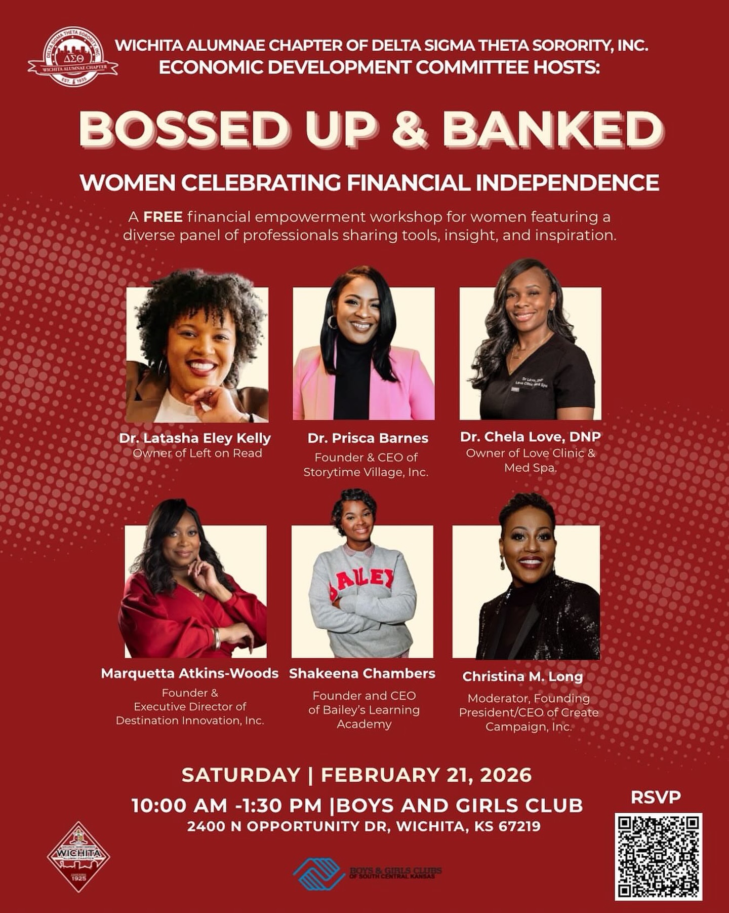 Repost from @wichitaalumnaedst
•
WOMEN CELEBRATING FINANCIAL INDEPENDENCE! 💪🏾
A FREE financial empowerment workshop for women featuring a diverse panel of professionals sharing tools, insight, and inspiration.
Panelist:
Dr. Latasha Eley-Kelley
Owner of Left on Read
Dr. Prisca Barnes
Founder & CEO of Storytime Village, Inc.
Dr. Chela Love, DNP
Owner of Love Clinic & Med Spa.
Marquetta Atkins-Woods
Founder & Executive Director of Destination Innovation Inc.
Shakeena Chambers
Founder and CEO of Bailey’s Learning Academy
Christna M. Long
Moderator, Founding President/CEO of Create Campaign, Inc.
Scan the QR Code to RSVP!