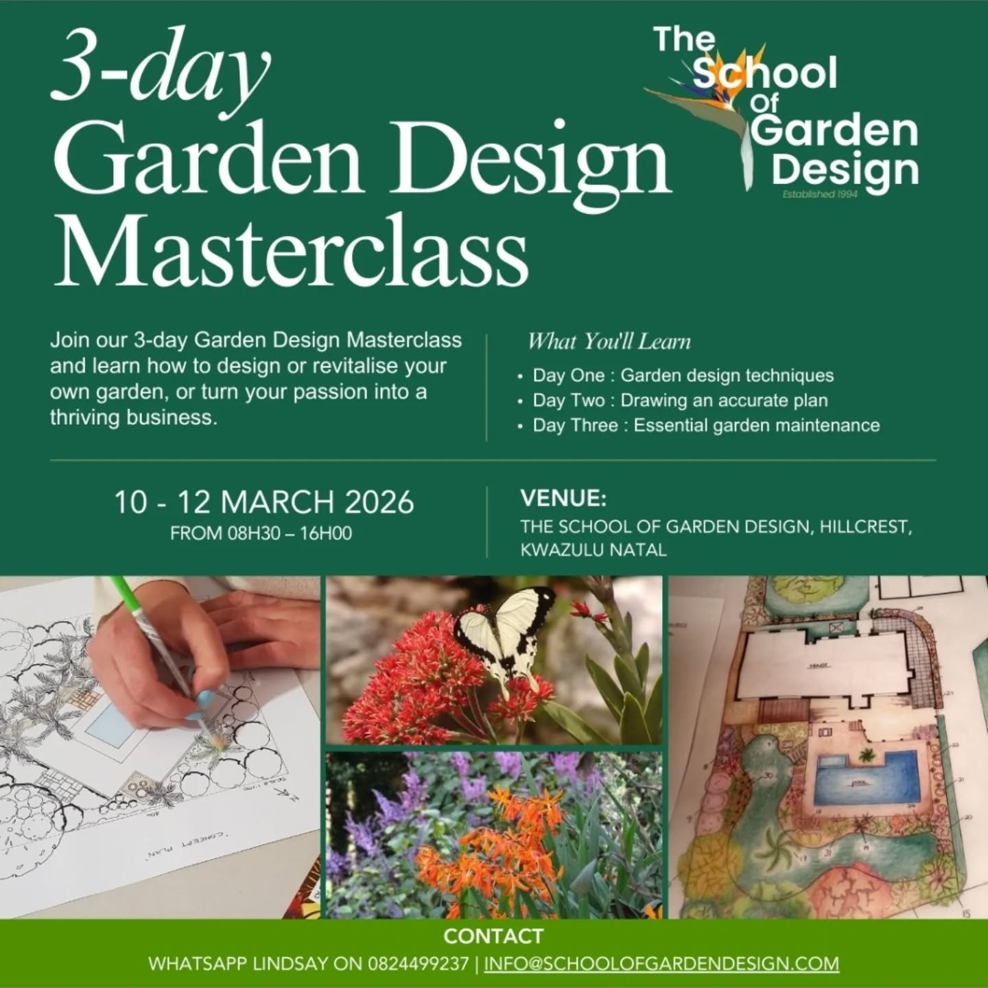 Learn to garden like a pro! Whether you want to develop and manage your own garden or work in the gardening industry, this is the course for you. Attend one, two or all three days and be inspired. Contact Lindsay on 0824499237 or email info@schoolofgardendesign.com
#gardendesign #theschoolofgardendesign #colour #texture #wildlife