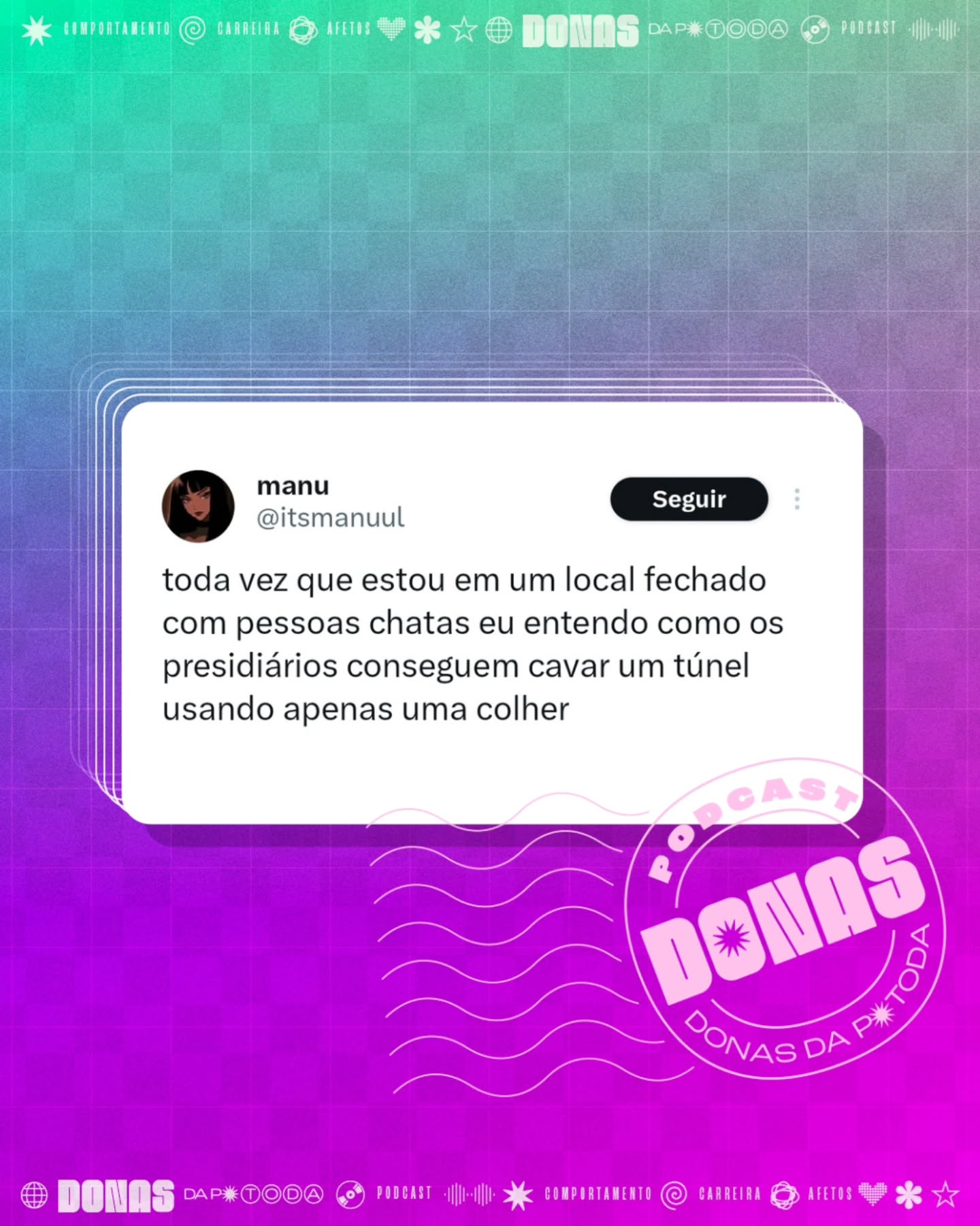 Segunda-feira, 23 de fevereiro de 2026. Prontas para mais uma semana e mais uma curadoria de tweets?
Nesta terça tem episódio novo no ar. Aproveita para seguir o Donas e avaliar com 5 estrelas no Spotify e na Apple Podcasts.
Contribua com a nossa campanha de financiamento coletivo em apoia.se/donasdaptoda e receba conteúdos exclusivos, brindes e muito mais
#donasdaptoda #podcasts #mulherespodcasters