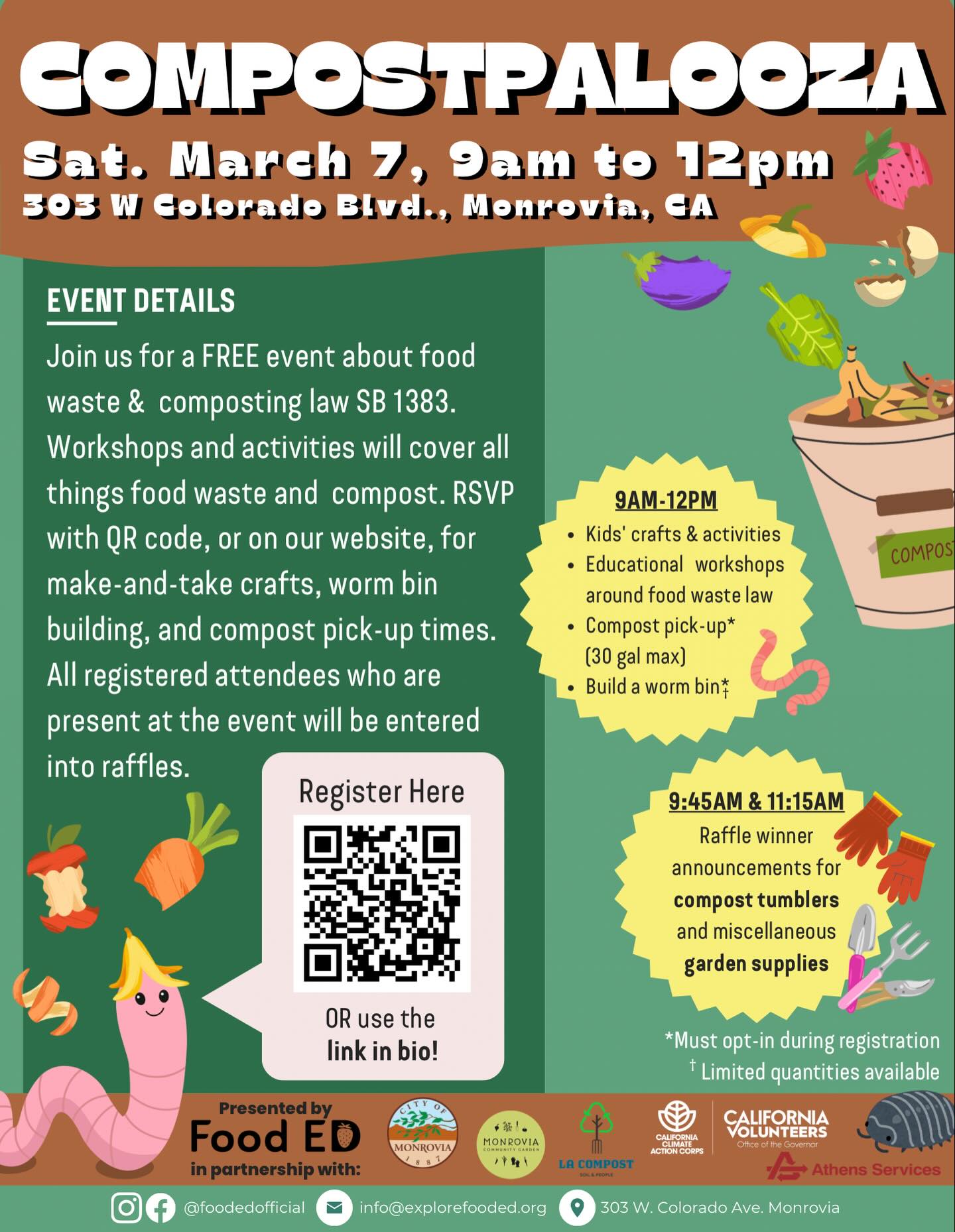 The schedule for Compostpalooza, the ultimate celebration of all things compost, is officially LIVE! 🌱🎉
Compostpalooza, coming THIS Saturday, offers free compost, free raffles, free worm bins, free education, crafts, activities, giveaways, and resources.
📅 Saturday, March 7
⏰ 9:00 AM - 12:00 PM
📍Monrovia Community Garden
303 West Colorado Blvd, Monrovia, CA 91016
🌱 RSVP in @foodedofficial bio!
Don’t miss out and register today to secure your spot for all these goodies and more!