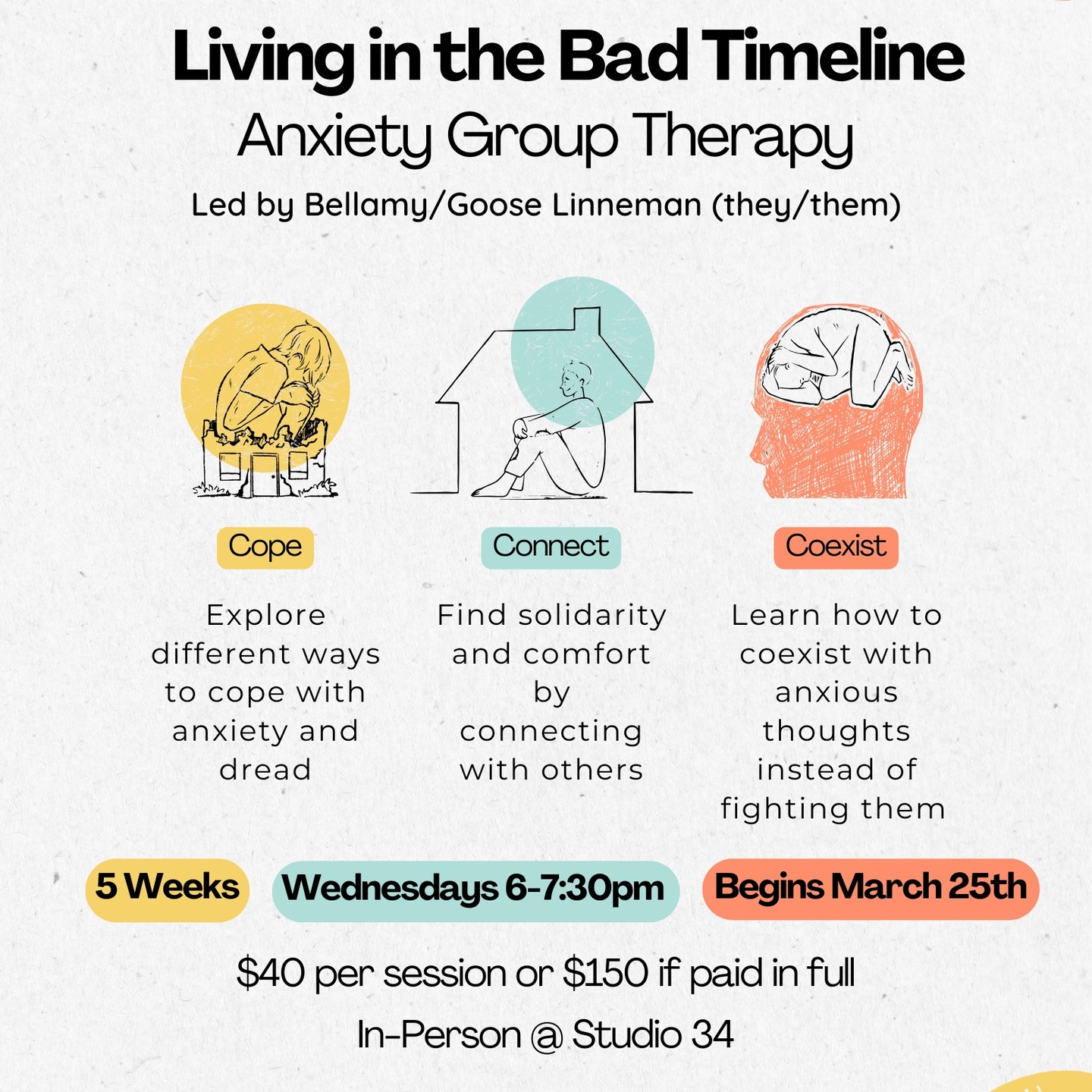 I'm excited to announce my 5-week anxiety group therapy! Through community, learn how anxiety works and ways to cope with it.
$40 per session, or pay $150 upfront for a $50 discount.
Go to alexandrardarionllc.com/contact-us to sign up!