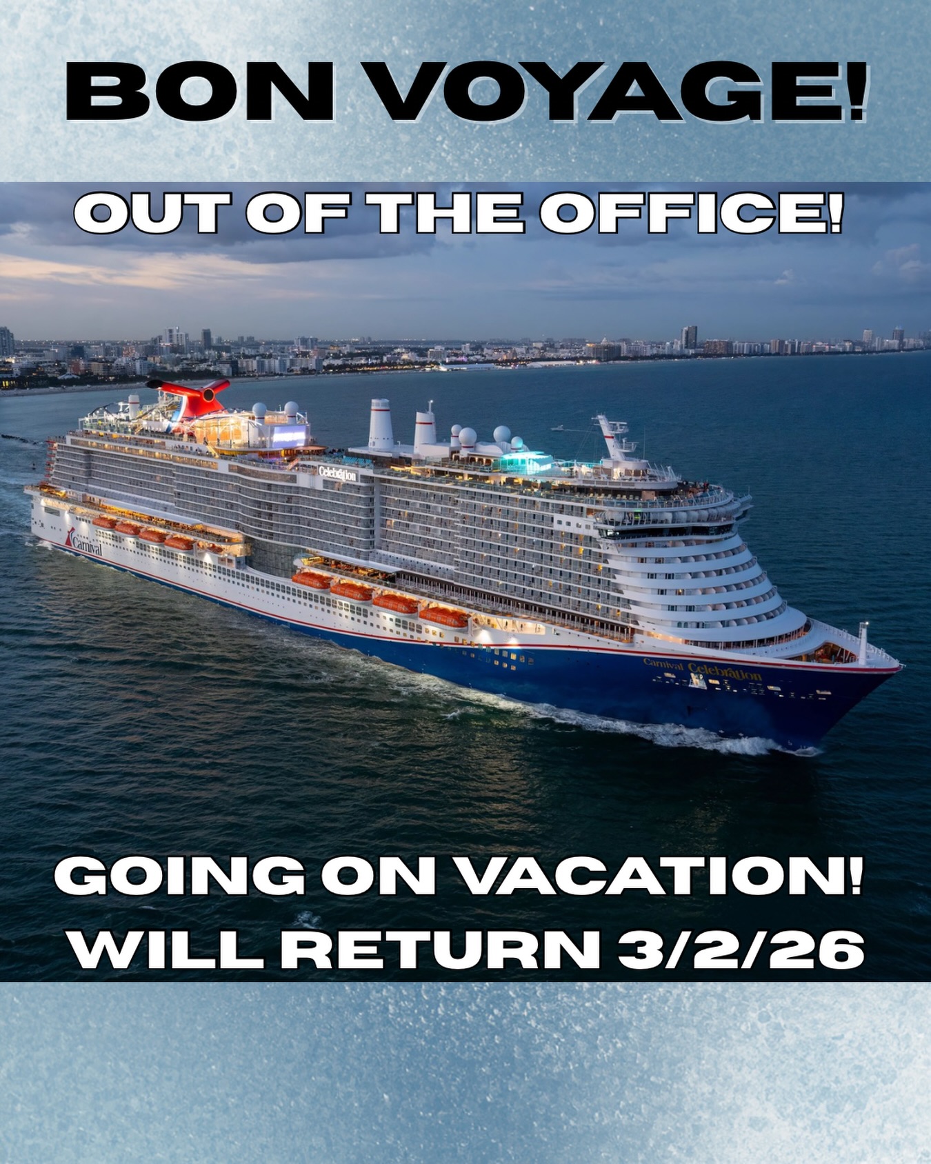 Out of the office ✈️🌴🚢 ☀️
After a very busy wedding season, and incredibly productive booking season, it’s time to recharge and spend some quality time with the family. I’ll be on vacation and out of the country from Feb 21 – March 2, so responses may be a bit slower than normal.
If you’ve recently reached out about your wedding or event — don’t worry, I see you and I’ll be getting back to everyone as soon as I return!
Appreciate you all 🙌
— Mike