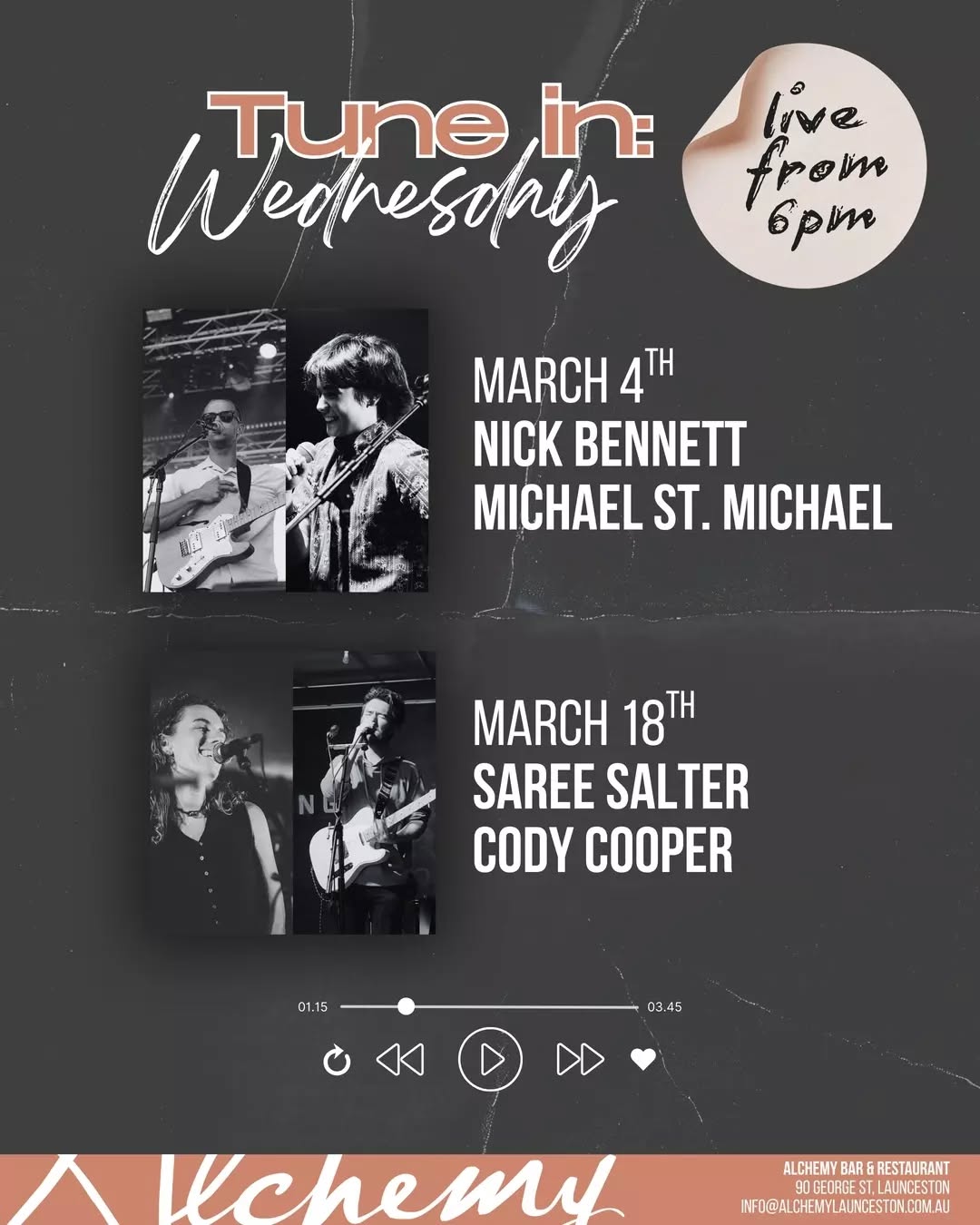 Midweek mood = UPGRADED 🎶
Date night? Catch-up? Or just hiding from the laundry pile? Whatever your excuse, ditch the Wednesday slump and join us for Tune In: Wednesday.
This month:
✨ March 4th
Nick Bennett // @michael_st.michael
✨ March 18th
@sareesalter // @codyelijohncooper