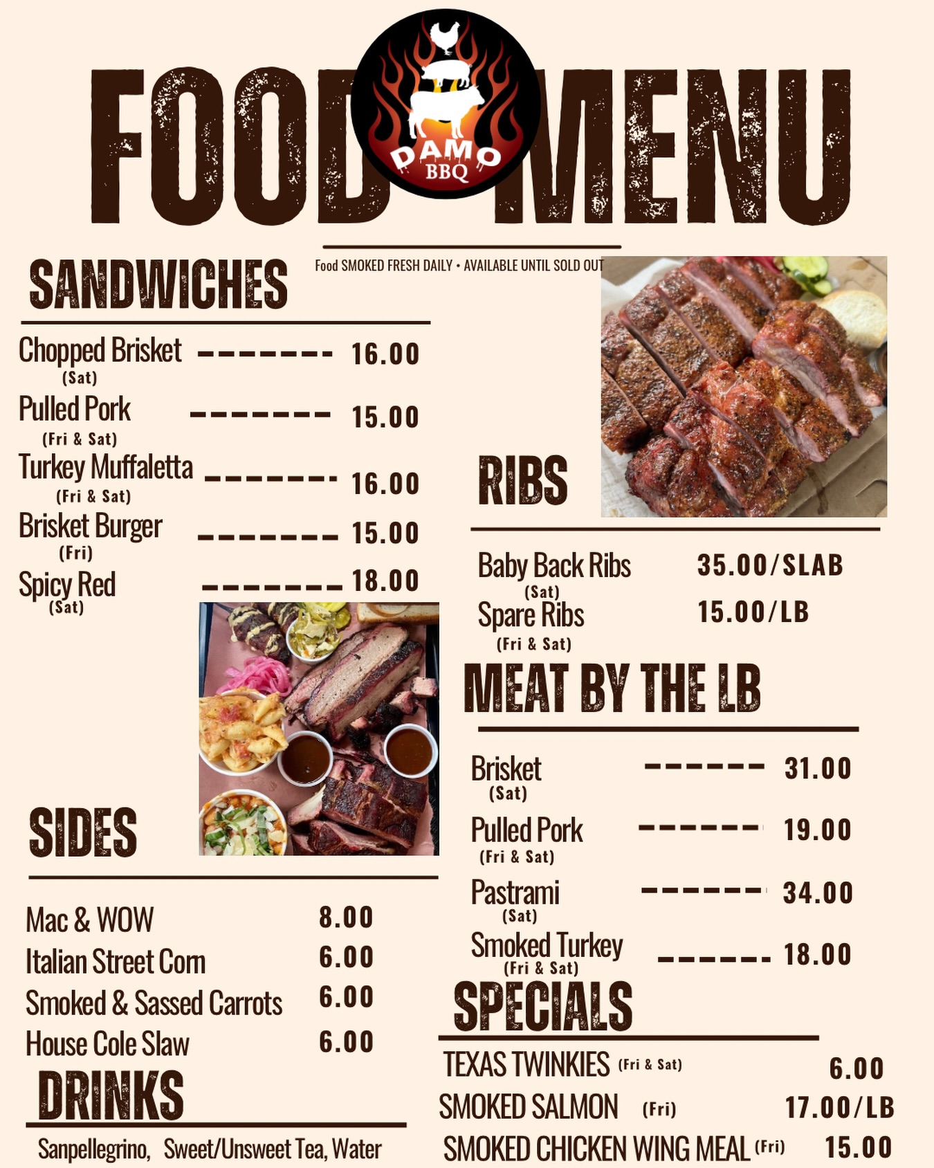 🔥 DAMO BBQ 2026 SEASON MENU 🔥
We’re officially OPEN — and here’s what we’re serving to kick off the season. Different specials for different days.
Central Texas craft BBQ
with our Italian twist 🇮🇹🔥
From:
🥩 Brisket by the lb
🍖 Baby Back & Spare Ribs
🌶 Texas Twinkies
🥪 Chopped Brisket & Pulled Pork Sandwiches
🧀 Mac & WOW
🌽 Italian Street Corn
…and more
A few important things as we start the season:
🔥 We smoke everything fresh.
🔥 We cook a limited amount.
🔥 When we sell out, we sell out.
This isn’t fast food.
It’s craft BBQ done the right way.
If you’ve been with us since last summer, you’ll notice we’re starting with a focused menu. We’ll build items back throughout the season as we ramp up.
⏰ HOURS
Fridays: 12–5
Saturdays: 11–5
(or until sold out — and that can happen early)
🚫 No pre-orders yet while we get rolling.
It’s just the two of us —
Dan on the pit.
Maggie behind the scenes and at the window.
Come early. Come hungry.
Let’s start this season strong, Sleepy Hollow 🤎
DAMO BBQ DISCLAIMER:
Smoked fresh daily in limited quantities — when it’s gone, it’s gone. Prices and menu items may change. Prepared in a shared food truck kitchen; cross-contact with allergens is possible. Please notify us of any allergies. Thank you for supporting small business!
#DAMOBBQ #CentralTexasBBQ #ItalianTwist #SleepyHollowEats #BBQLovers SoldOutIsAGoodThing SupportLocal ChicagolandFoodies CraftBBQ HusbandAndWifeTeam