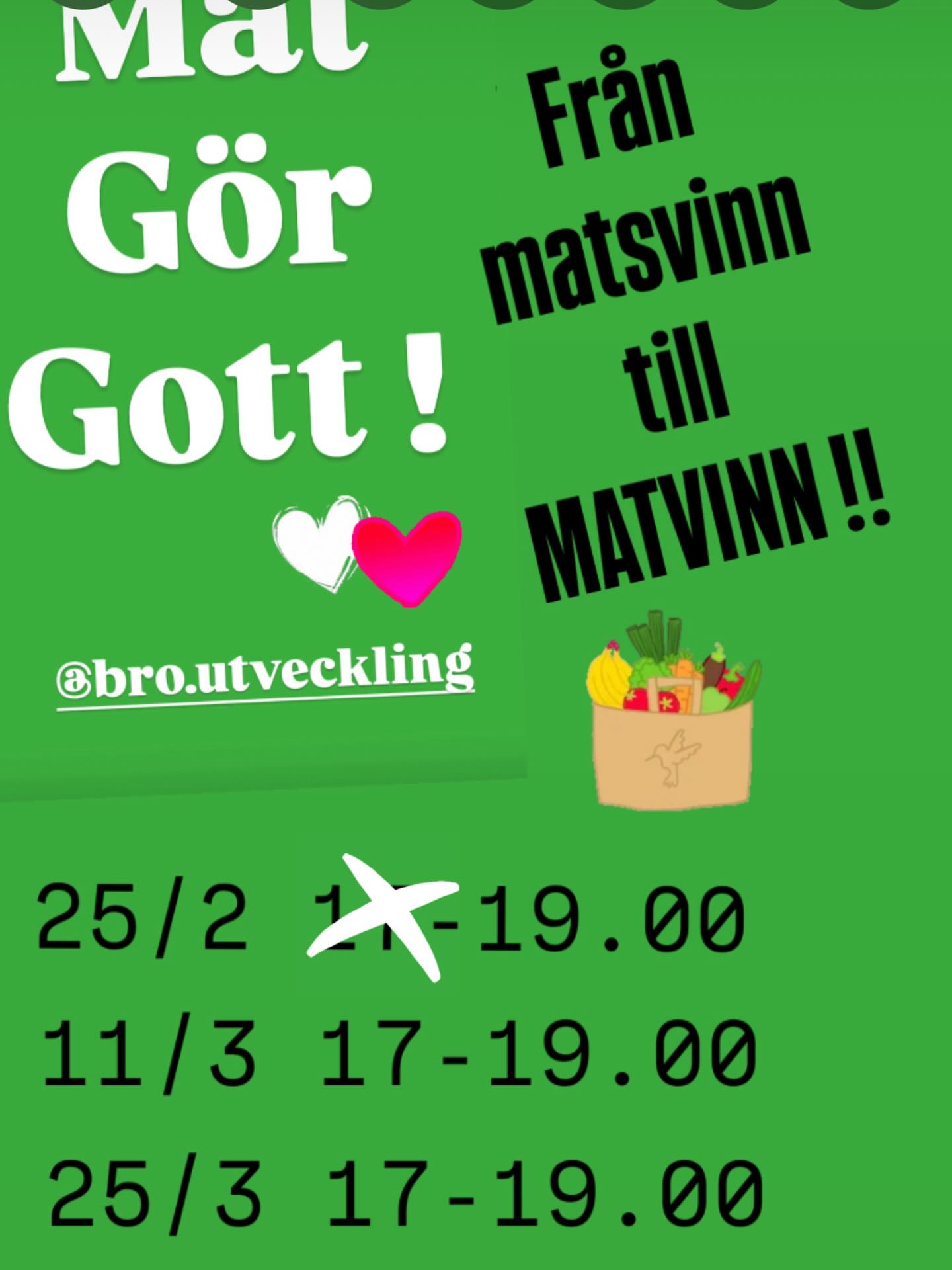 På grund av för få anmälningar ställs tyvärr onsdagens (25/2) in.
Välkomna att anmäla er till 11/3
SMS namn till : 0739838362
Ni får bekräftelse på SMS
#matvinn #bättretillsammans