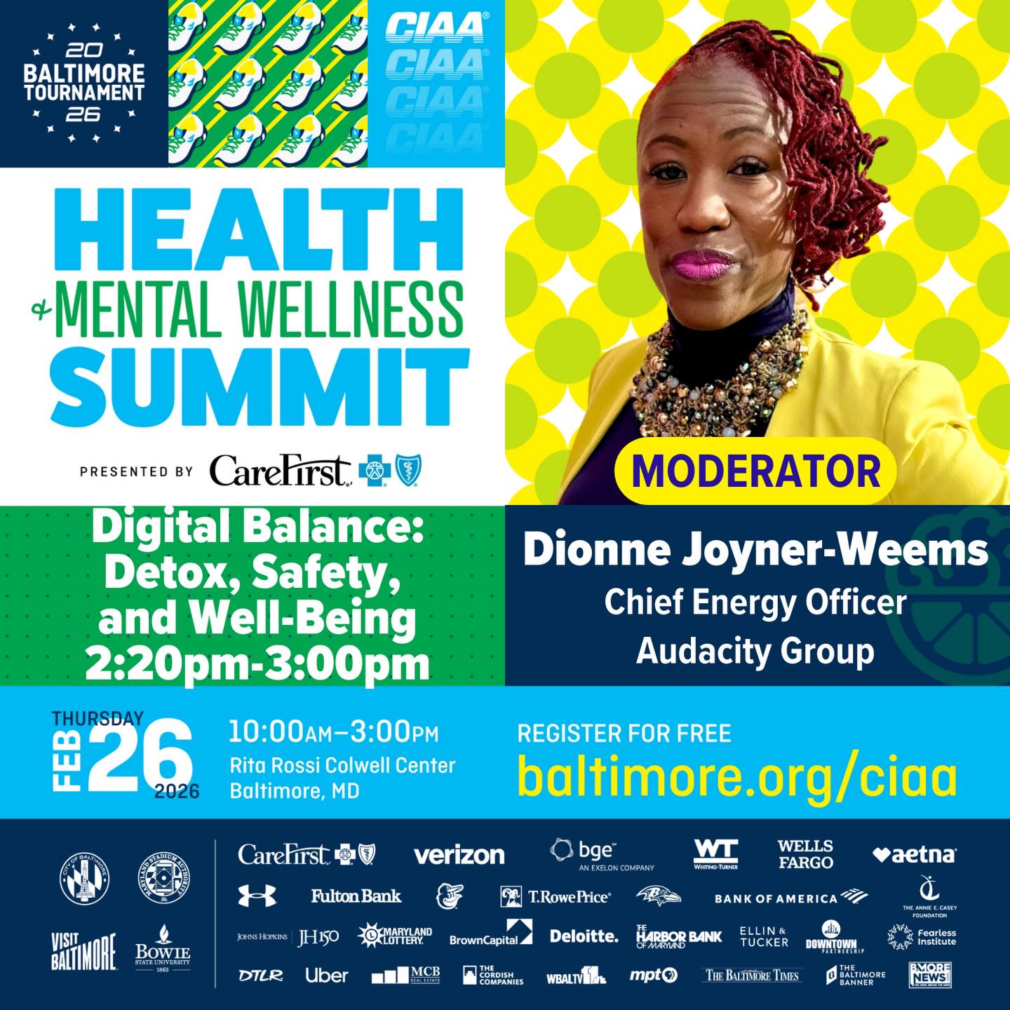 In a world where so much of our lives live online, digital balance isn’t a luxury—it’s survival.💁🏾♀️
This Thursday, I’ll be moderating a powerful conversation on Digital Balance: Detox, Safety, and Well-Being at the CIAA Health + Mental Wellness Summit.
Our student-athletes and our community deserve the tools to protect their peace, their focus, and their future in a world that never powers down.✨
If you’re at CIAA, meet us in the room. These are the conversations that matter. 🖤
#CIAA
#MentalWellness
#DionneJoynerWeems
#audacity🔥
#MyBmore