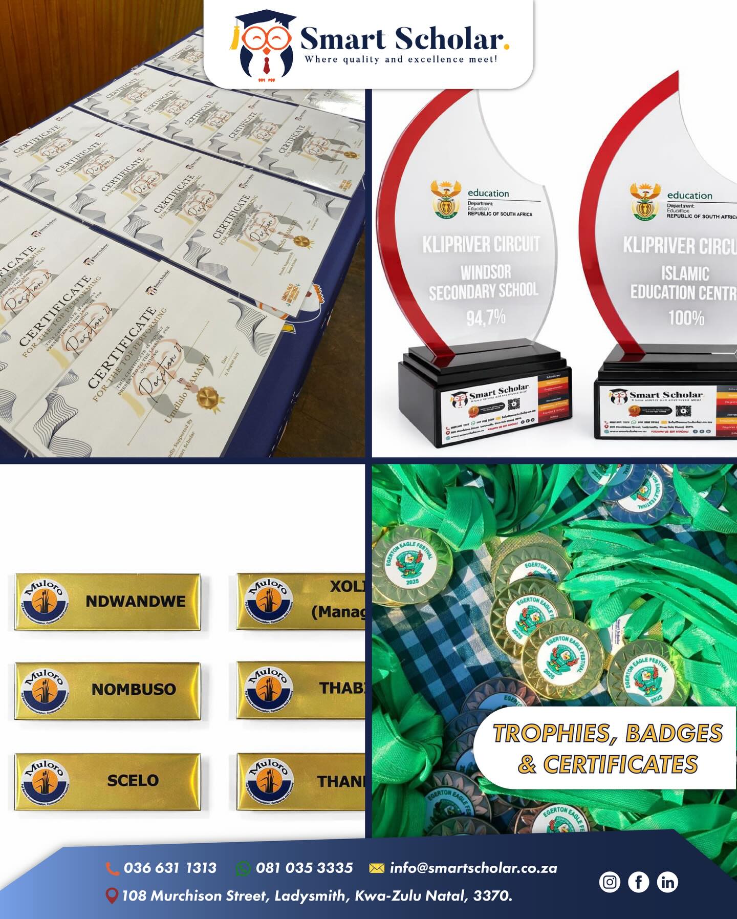 Did you know that we do custom trophies, medals, badges and certificates? 🏆🪪🏅
Enhance your team, staff, sports event, award-function or any prize-giving ceremony with premium custom-made name Badges, Trophies and Medals available at Smart Scholar upon order! 😎🏆
🪪 Badges: Choose between magnetic or pin styles, any shape or any size. Our badges are made with a glossy solid resin domed finish.
🏆 Trophies: Choose between ready-made or custom-made trophies. Options include wooden, crystal, glass, arcrylic or metal trophies
🏅Medals: Choose between metal or glossy domed finishes with multiple colour ribbon options.
😁 Contact us for a quote on certificates or any custom trophies, badges or medals as there are many options available!✨
We can offer any quantity, size, colour or shape. T’s and C’s Apply!
Smart Scholar delivers nationwide 🚛
Where quality and excellence meet! 🦉🎓🥇
.
.
.
#smartscholar #trophies #badges #certificates #school