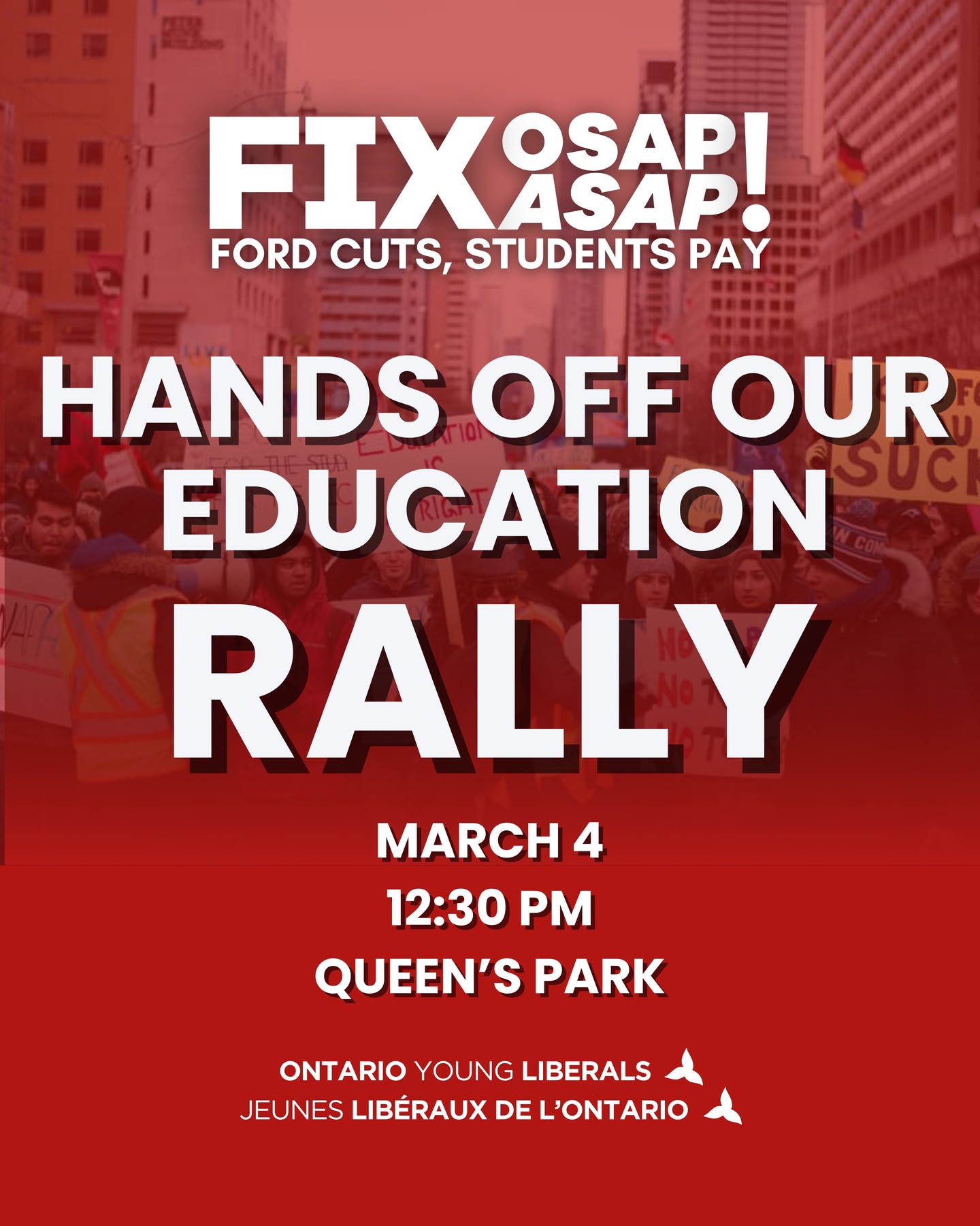 Students deserve better than deeper debt.
We’re rallying at Queen’s Park alongside @cfson to defend accessible education and demand action on OSAP. Students shouldn’t be pushed deeper into debt just to earn a degree.
Education is a right. Not a debt sentence.
#FixOSAPASAP #onpoli #osap
//
Les étudiants méritent mieux qu’une dette grandissante.
Nous serons à Queen’s Park aux côtés de @cfson pour défendre l’accessibilité aux études et exiger des correctifs à le RAFEO. Les étudiants ne devraient pas s’endetter davantage pour obtenir un diplôme.
L’éducation est un droit. Pas une condamnation à la dette.