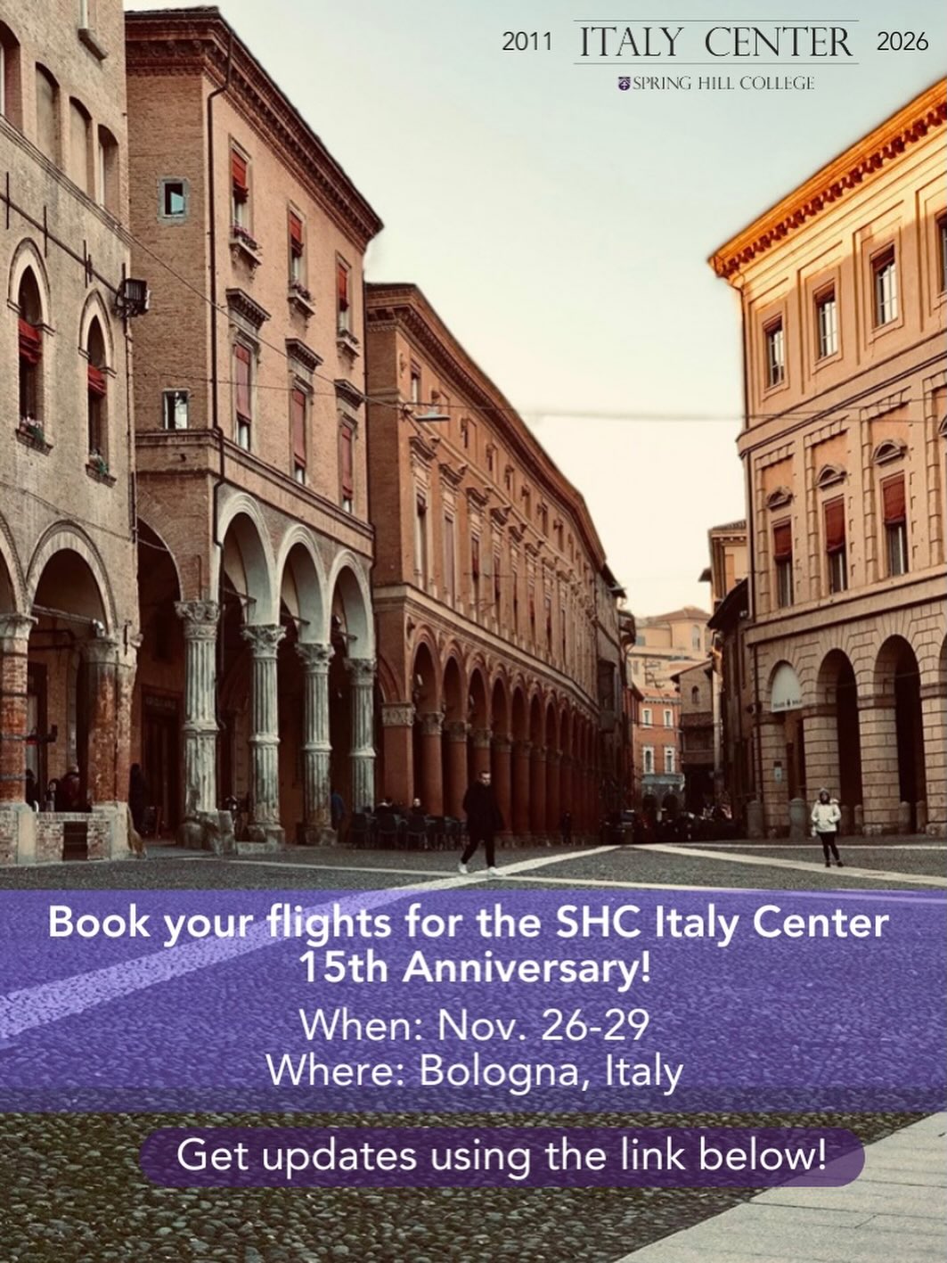 ✈️BOOK YOUR FLIGHTS TO BOLOGNA!✈️
Come join us to celebrate SHC Italy Centers 15th Anniversary during Thanksgiving Weekend!🍂 We are planning many activities that will take you back to when you studied abroad with us! Our Gala will start us off on November 26-29, 2026!✨
Use the link in our bio to sign-up for updates!🔗
If you have any questions feel free to DM us!☺️📩