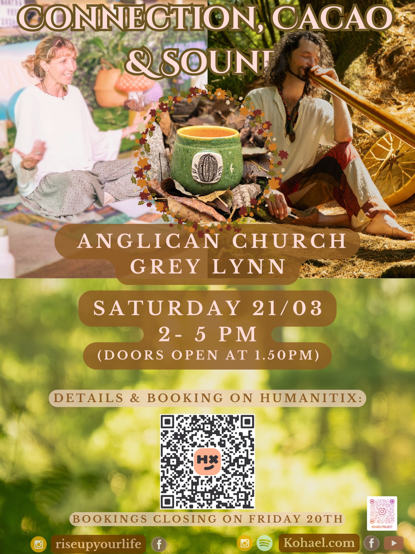 Announcing our Autumn Equinox event!
CONNECTION, CACAO & SOUND.
Join Justin of @kohaelproject and I Gitavali of @riseupyourlife on March 21 for an exclusive wellness afternoon to experience all of the above: genuine connection, sharing in circle, ceremonial cacao, movement and a curated and unique live sound journey.
The Greylynn Anglican Church (community hall) will be receiving us.
https://events.humanitix.com/grey-lynn-cacao-sound-and-shared-nourishment
Link in my bio too! Grab your early bird tickets. Plant based snacks and tea will be served afterwards for extra nourishment for the belly, mind and soul!
#soundjourney #greylynn #cacaoceremony #nourishyourbody #soulmusic
