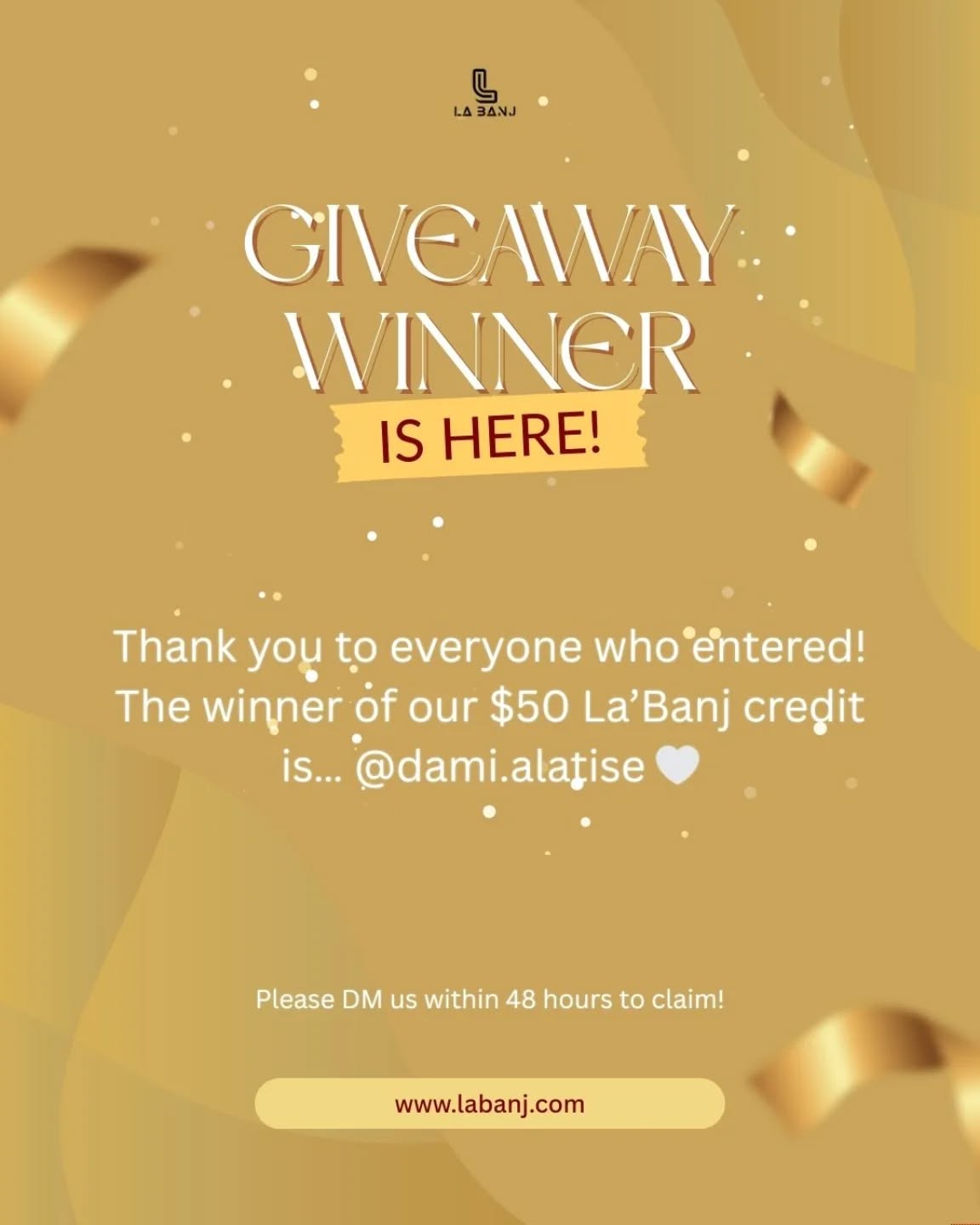 Giveaway Winner 🎉✨
Thank you to everyone who entered and showed love 🤍
The winner of our $50 La’Banj credit is…
🎉 @dami.alatise 🎉
Please DM us within 48 hours to claim your prize ✨
With love,
La’Banj 🤍
#LaBanj #GiveawayWinner #ThankYou #LuxuryJewelry #CommunityLove