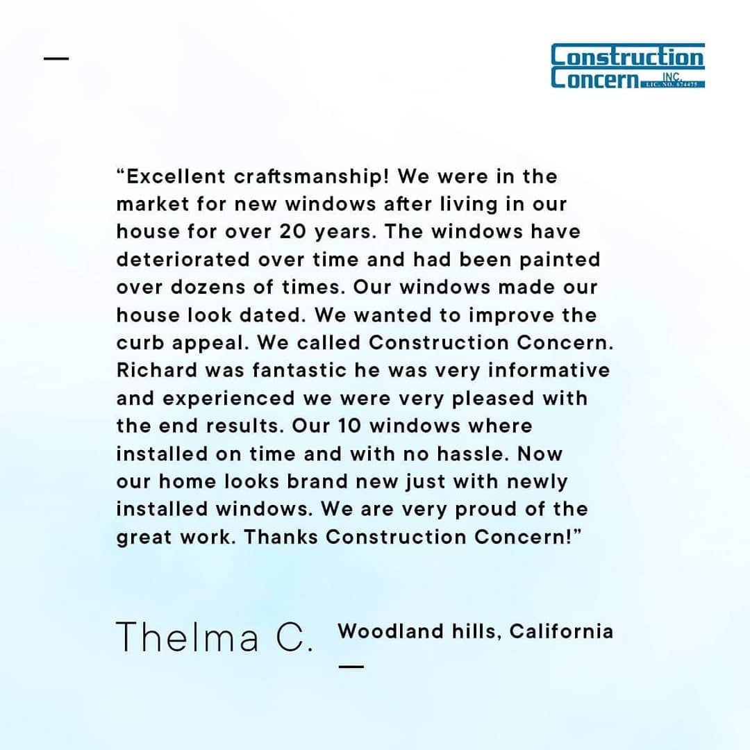 It was a pleasure giving your home a fresh new look with your new windows, Thelma! We'd be honored to work with you again in the future! 🙏
.
.
.
#constructionconcern #construction #home #homeimprovement #energy #airconditioning #heating #HAC #energyefficiency #energyefficient #windows #door #siding #roofingl #homedepot #sears #lowes #paint #solarpanels #roomaddition #socal #lacounty #kerncounty #conejocounty #orangecounty #sanfernandovalley #santaclaritavalley #sanbernardinocounty #venturacounty
