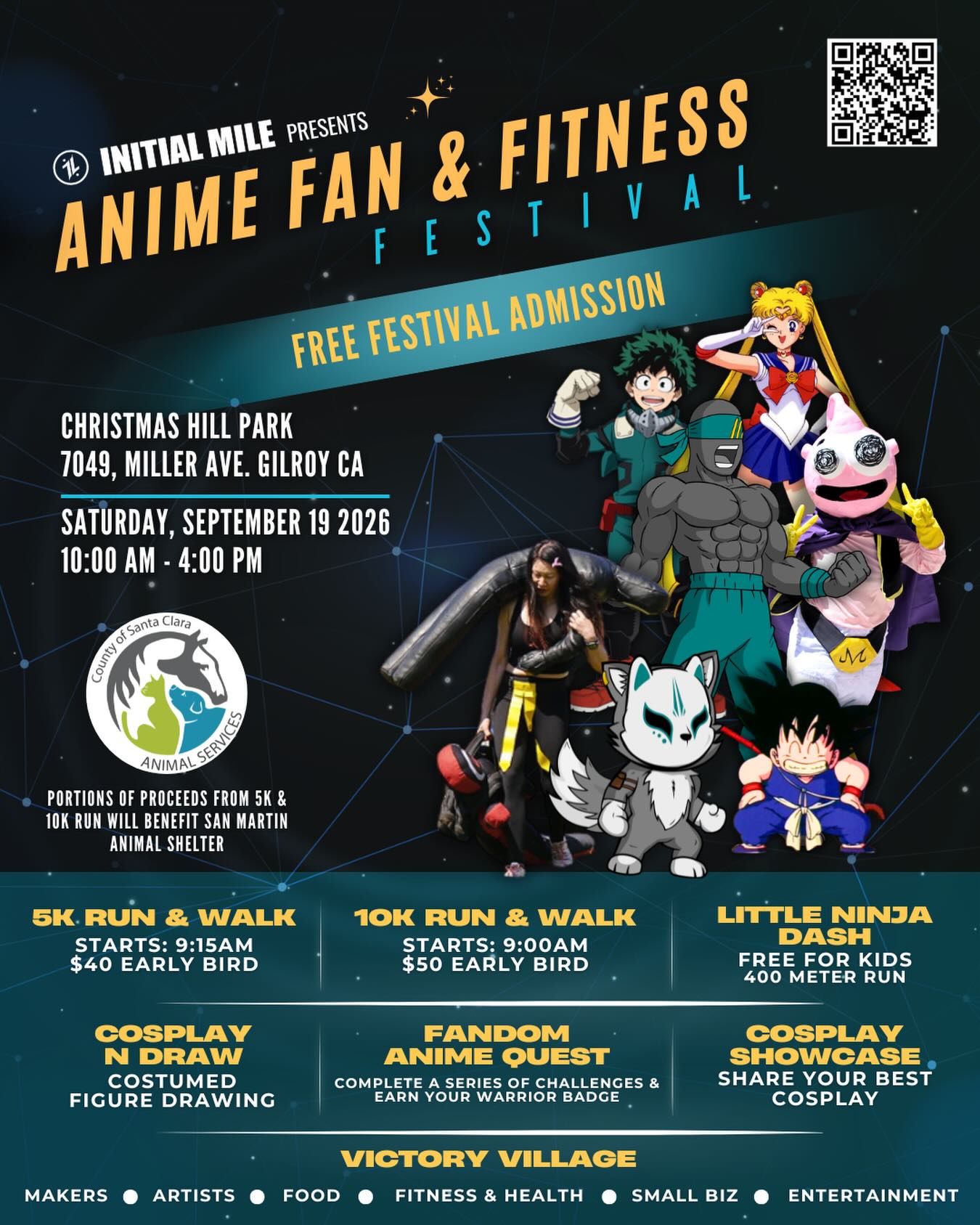Join us at our 2nd Annual Anime Fan & Fitness Festival on September 19, 2026 at Christmas Hill Park, Gilroy CA.
Choose your challenge:
• 5K Run
• 10K Run
• Little Ninja Dash (for the kids!)
Victory Village:
Cosplay Showcase
Cosplay N Draw
Fandom Anime Quest
Family activities
Food & drinks
Vendors & more!
Whether you’re running, sharing your passion for cosplay, cheering from the sidelines, or just vibing with other fandom fans, this festival is for you!
Be sure to let all your friends, family and colleagues know! Thanks everyone. #animefanandfitnessfestival #initialmile #bayareaevents #animefestival #fitnessfestival