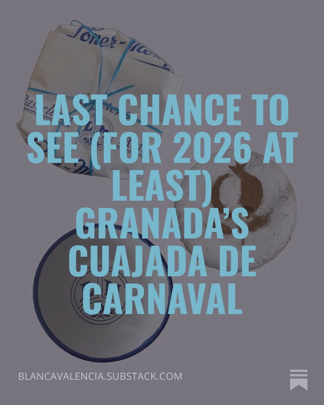 This week I'm back from Granada with a joyous story about ephemeral desserts that should be better known and combines pomegranate emblems, pottery and pork-fat biscuits.
Spain's most mysterious carnival dessert has nothing to do with its name. Cuajada de Carnaval appears in Granada's pastry shops every January and vanishes by February's end - layers of resourcefulness that will change how you think about leftover polvorones.
This edible art piece comes from Granada's historic bakeries founded in 1962 @pastelerialopezmezquita
Link in bio for the full story (and why the earthenware bowl you get included in the price is as valuable as the dessert itself)
#spanishdesserts #carnivalinspain #cuajadadecarnaval #fajalauza
