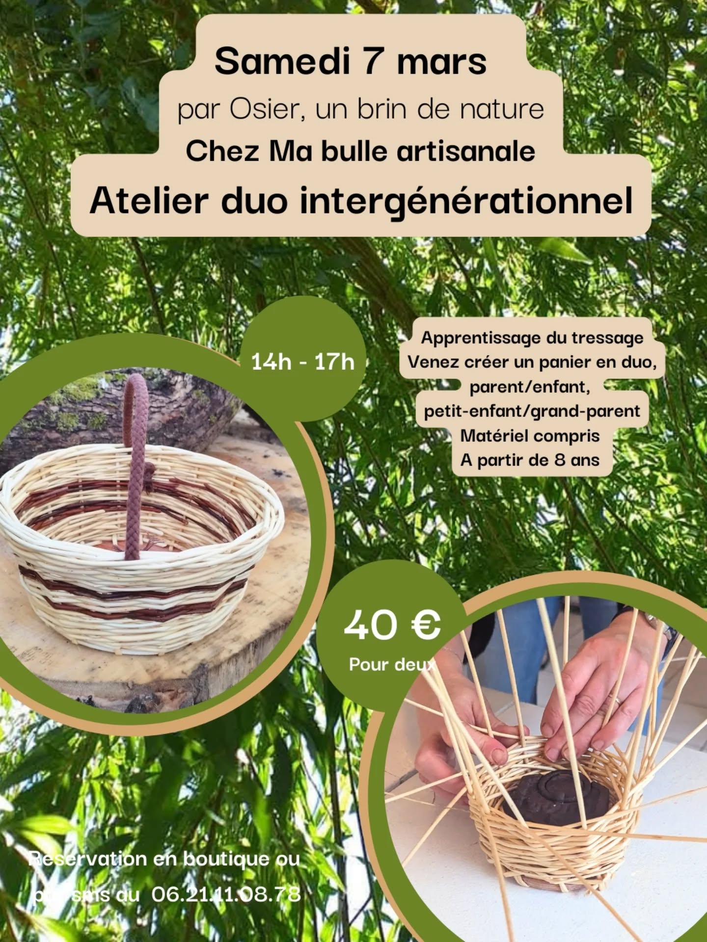 Atelier duo intergénérationnel pour fabriquer un panier ensemble avec @osierunbrindenature ! Venez partager un moment de complicité et convivial autour de l'apprentissage du tressage et repartez avec votre panier
Réserver votre place pour le samedi 7 mars à 14h, 40€ pour les deux personnes
Réservation par SMS ou directement à la boutique
Ma bulle artisanale à La-Ferté-Gaucher
#osier #atelierosier #osiertressé #atelierparentenfant #panierosier