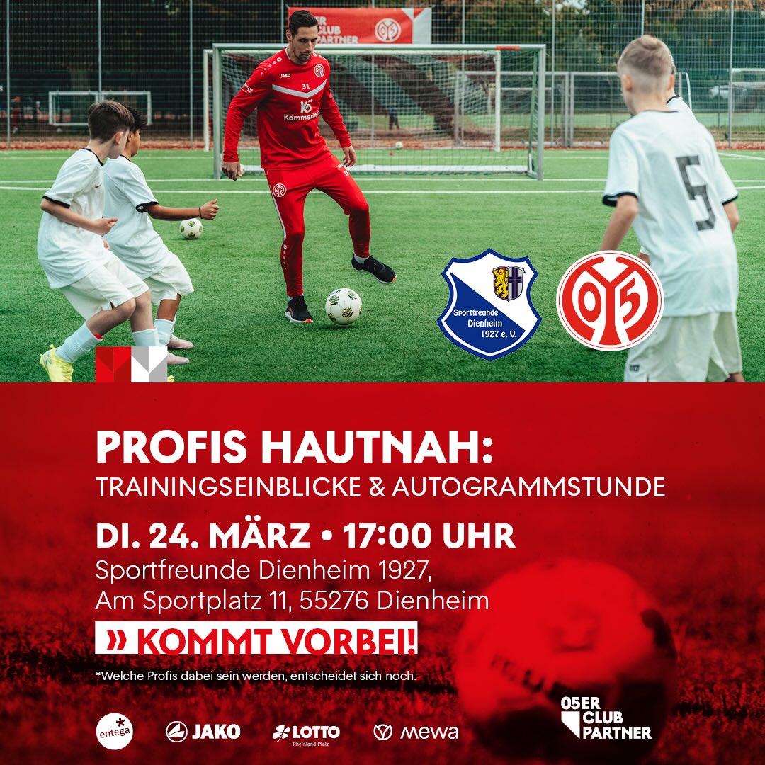 Nach einer grandiosen Fastnachtssaison wartet direkt das nächste Highlight 😍 Am 24. März 2026 findet unsere Clubpartner-Trainingseinheit statt. Auf und neben dem Platz erwarten euch viele Attraktionen. Also tragt euch den Termin ein. Nähere Infos folgen!
Wir können es kaum erwarten!
💙🤍 ➕❤️🤍
#05erclubpartner #sportfreunde #dienheim #meineheimatmeinverein