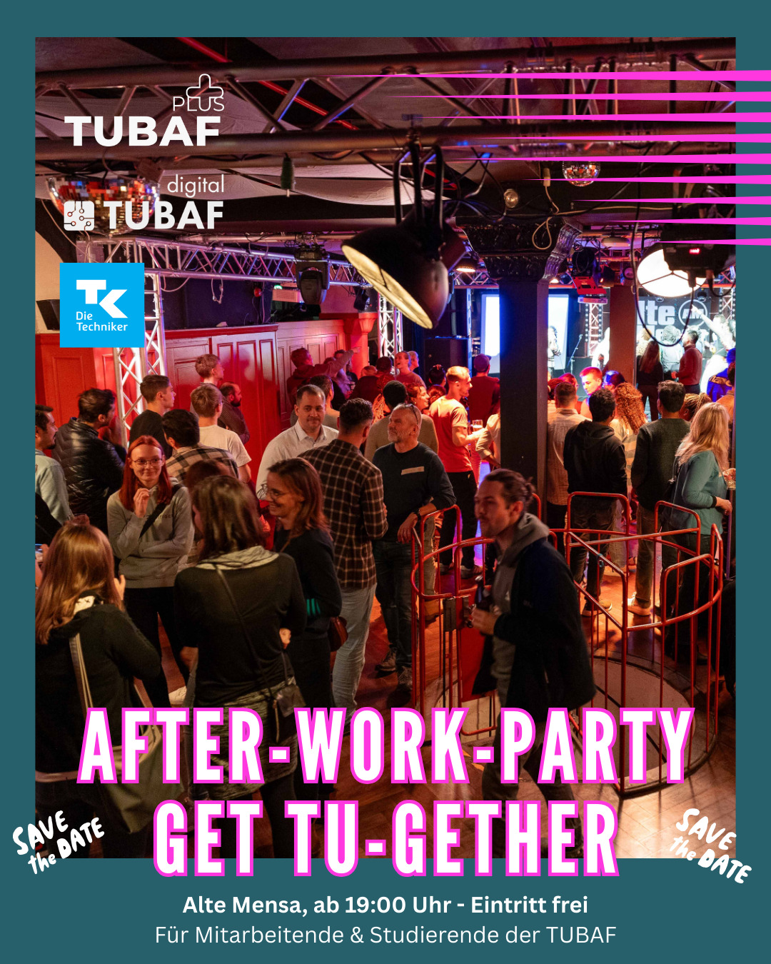 Get TUgether die Vierte!
SAVE THE DATE 🎉🥳
"Guess who′s back, back again?":
Die After-Work-Party für alle Mitarbeitenden und Studierenden der TUBAF 🫵🏽:
🕖WANN? 24. März 2026, ab 19:00 Uhr
🏠WO? Alte Mensa
🤔WAS? Karaoke, kühle Getränke, Gespräche, gute Stimmung & Angebote des Gesundheitsmanagements/ der TK
🤷🏻♀️WARUM? Für ein verbessertes Miteinander und mehr Austausch an unserer Universität
🙋🏻♂️GASTGEBER? TUBAFplus (Gesundheitsmanagement) & TUBAFdigital (unterstützt von der Fakultät 4)
"Get TUgether′s back, tell a friend!":
Save the Date, book the Babysitter, spornt Kommiliton:innen und Kolleg:innen an - Der Eintritt ist frei! 🪩🪩🪩
Wir freuen uns auf euch!🤩