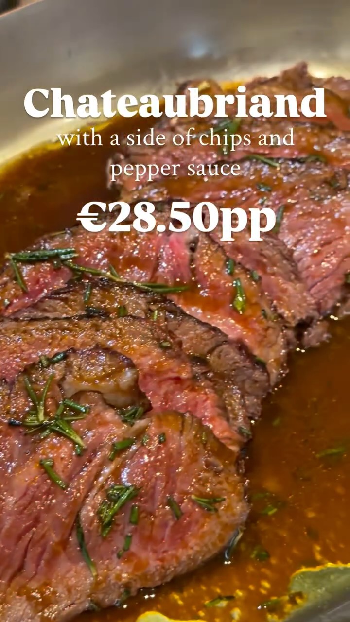 Indulge in one of our most-loved steak experiences at Fade Street Restaurant.
For a limited time, enjoy a 10oz Chateaubriand steak, perfectly cooked and served with a side of chips and classic peppercorn sauce — all for €28.50 per person.
Whether it’s a midweek treat or an early weekend indulgence, this is the perfect excuse to enjoy a premium steak at exceptional value.
Available Monday – Thursday: all day, Friday: until 6:30pm, Saturday: until 5pm. Offer ends February 28th. Other T&C’s apply