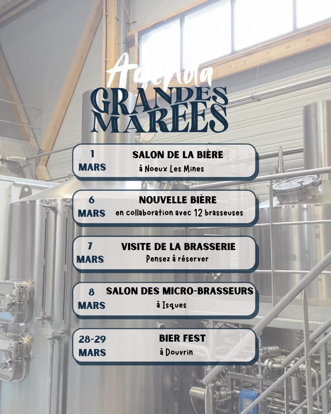 🌊 Agenda du mois de Mars 🌊
🍻 Le 1er Mars : Salon de la Bière à Noeux les Mines 🍻
Le Dimanche 1er Mars, retrouvez nous au Salon de la Bière de Noeux Les Mines de 10h à 19h. Plus d'infos sur Salon de la bière Noeux-les-Mines
🍻 Le 6 Mars : Sortie d'une nouvelle Bière 🍵
En collaboration avec 12 brasseuses des Hauts de France, brassée à la Brasserie @moulinsdascq, Spell the Tea, Saison au thé Oolong.
Sortie le 6 mars à la brasserie Moulins d'Ascq en présence du Planning Familiale du Nord, association bénéficiaire à qui 800 € seront reversés pour lutter contre la précarité menstruelle.
🍺 Le 7 Mars : Visite mensuelle de la brasserie 🍺
Venez découvrir les coulisses de la brasserie ! Rdv à 11h, pensez à réserver via nos réseaux sociaux, par mail (contact@brasseriegrandesmarees.fr) ou par téléphone au 0391891377 📞
Tarif : 8€/personne
🍻 Le 8 Mars : Salon des Micro-Brasseurs à Isques 🍻
Retrouvez nous au 4ème Salon des Micro-Brasseurs de Isques de 10h30 à 19h, organisé par la @sep_isques.
🍻 Le 28-29 Mars : Bier Fest à Douvrin 🍻
Retrouvez-nous à Douvrin le 28 et 29 mars, pour la 5ème édition du Salon de la bière et des saveurs des Hauts de France Bier Fest !
#cotedopaletourisme #beerlover #brasserieartisanale #bière #craftbeer #brasseriegrandesmarees #agenda #visite #tourismebrassicole