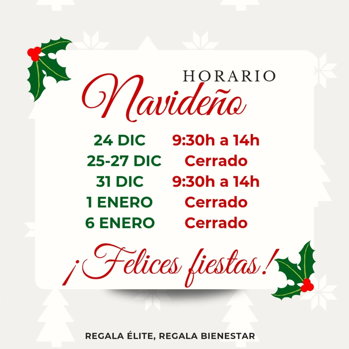 🎄✨ HORARIO NAVIDEÑO ✨🎄
Te informamos de nuestro horario especial durante estas fechas festivas:
📅 24 y 31 de diciembre: abierto de 9:30h a 14:00h.
📅 25-27 de diciembre, 1 y 6 de enero: cerrado.
¡Aprovecha para cuidarte y prepararte para estas fiestas! 💆♀️💖
🎁 Sorprende a tus seres queridos con un regalo único: tratamientos, packs especiales o tarjetas regalo. ¡El bienestar es el mejor regalo! 💖
Desde nuestro equipo te deseamos unas Felices Fiestas y un próspero Año Nuevo. 🥂🎁