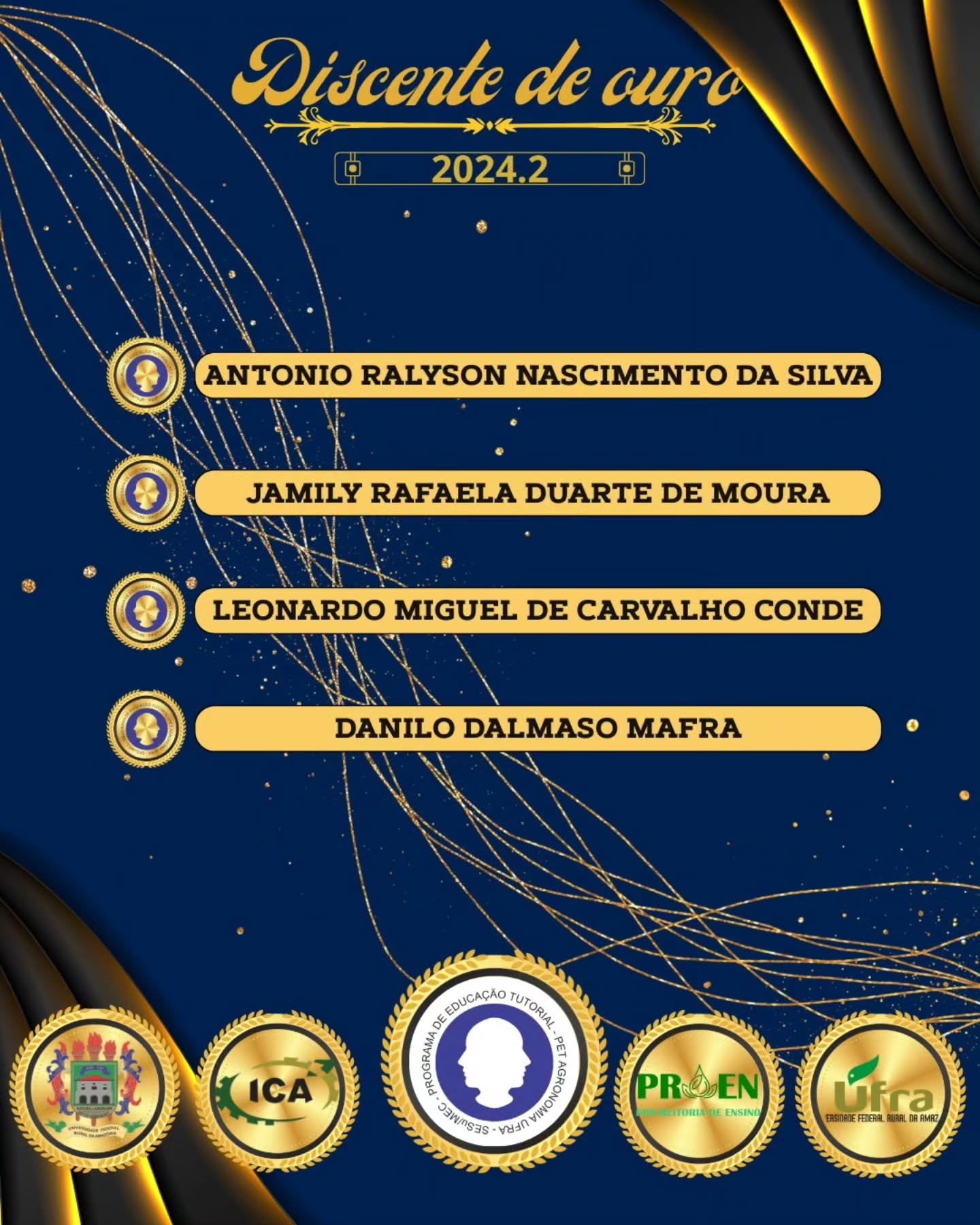 🏆🌱 PET Agronomia apresenta os Discentes de Ouro 2024.2 e 2025.1!
É com grande satisfação que tornamos público os alunos destaque do Curso de Agronomia - Campus Belém, reconhecidos pelo maior Índice de Rendimento Acadêmico (IRA) de cada semestre ativo no período 2024.2 e 2025.1.
Parabenizamos todos os discentes por essa conquista, fruto de dedicação e excelência acadêmica!
Seu esforço merece ser celebrado! 🎓✨
#PETAgronomia #DiscentesDeOuro #ExcelênciaAcadêmica #Agronomia #UFRA
