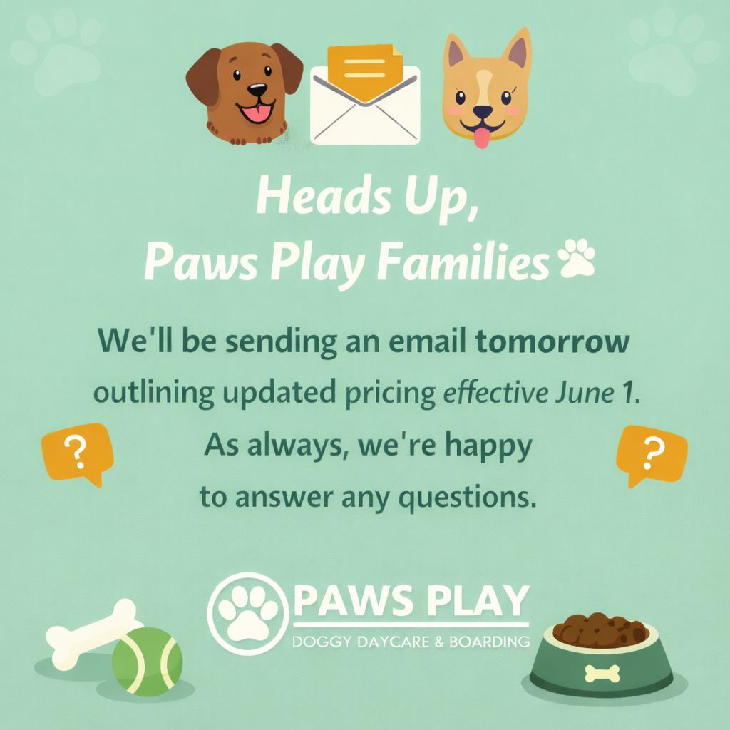 Hey Pawrents! It’s been a couple of years since our last pricing adjustment, and we’ll be sharing updated rates via email tomorrow. Please check your inbox and reach out if you have any questions.
These updates allow us to continue keeping our groups small and our care intentional.
Thank you for trusting us with your dogs.