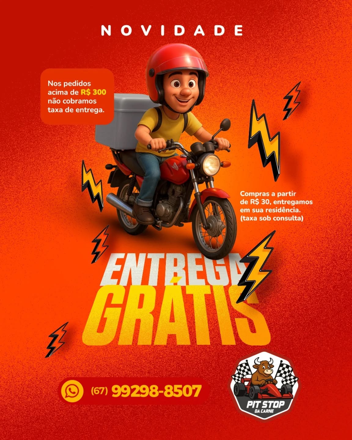 🚨 NOVIDADE NA ÁREA 🚨
Agora o Pit Stop da Carne tá mais rápido que fofoca de bairro. 🏍️💨
Comprou, piscou, chegou.
E o melhor. Em pedidos acima de R$ 300 a entrega é por nossa conta. 😎🔥
É isso mesmo. Você escolhe as carnes, monta o carrinho e quem corre é a gente.
Sem fila. Sem trânsito. Sem estresse.
Só você esperando o interfone tocar com aquele sorriso de missão cumprida. 🥩🏁
Chama no WhatsApp e testa essa velocidade.
📲 (67) 99298-8507
Pit Stop da Carne. A gente acelera pra você relaxar. 🏍️🔥