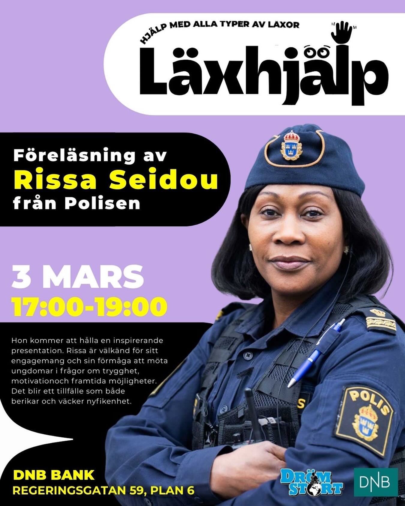 ✨ Föreläsning med Rissa Seidou från Polisen! ✨
Den 3 mars kl. 17:00–19:00 får vi besök av Rissa Seidou som kommer att hålla en inspirerande och viktig föreläsning.
Hon är välkänd för sitt starka engagemang i frågor som rör trygghet, motivation och ungas framtida möjligheter. 💬🌟
Det här är ett tillfälle för dig som vill bli inspirerad, ställa frågor och få nya perspektiv kring framtid, ansvar och möjligheter.
📍 Plats: DNB Bank, Regeringsgatan 59, plan 6
🗓 Datum: 3 mars
⏰ Tid: 17:00–19:00
DM för anmälan!
Ta med en vän och missa inte denna kväll! 🙌
#Läxhjälp #Föreläsning #Inspiration #Trygghet #framtid