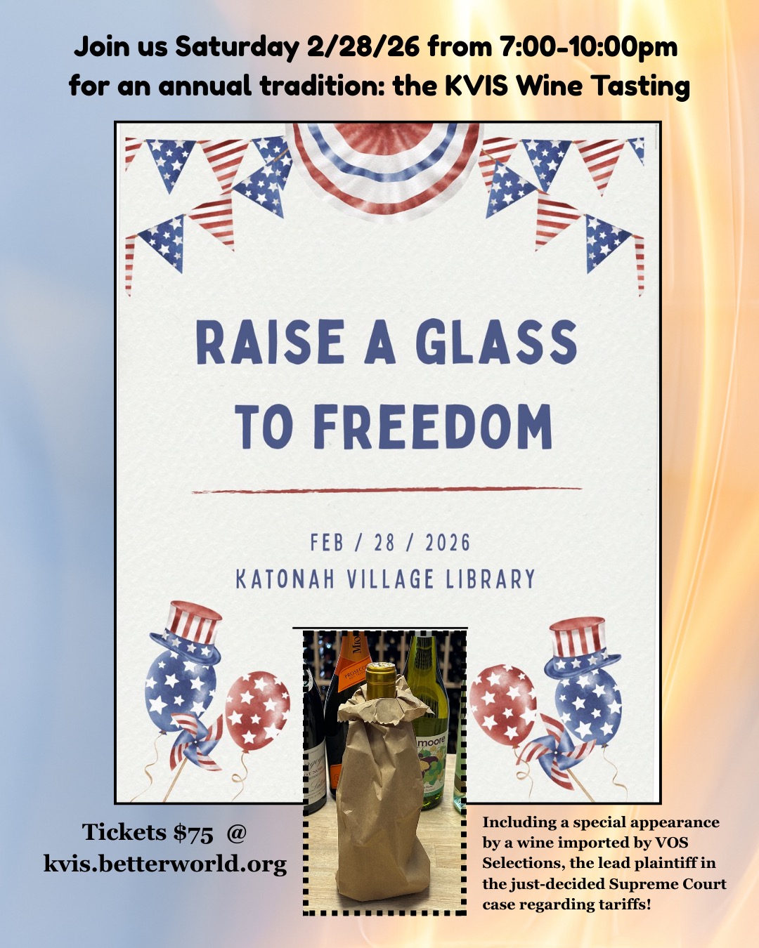 Talk about timely! The Mystery Wine at our annual @KVIS Wine Tasting is from the portfolio of VOS Selections, the lead plaintiff in the tariffs case just ruled on by the Supreme Court. We'll be raising a whole bunch of glasses to freedom on Saturday night. Over a dozen wines (plus beer and cider) have been assembled to illustrate the complicated relationship between wine and freedom. Come taste #wine with us in #katonah.