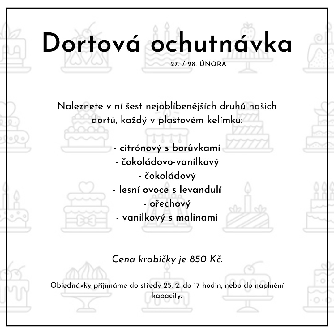 Dortová ochutnávka 🍰
Ať už plánujete svatbu, nebo jen chcete ochutnat naše dorty, tak přesně pro Vás je tu dortová ochutnávka.
Naleznete v ní šest nejoblíbenějších druhů našich dortů, každý v plastovém kelímku.
Objednávat můžete do 25.2. do 17 hodin přes formulář na webu, nebo e-mail filomeniny@seznam.cz.
#filomeniny #makronkydortydezerty #dort #cake #dortovaochutnavka