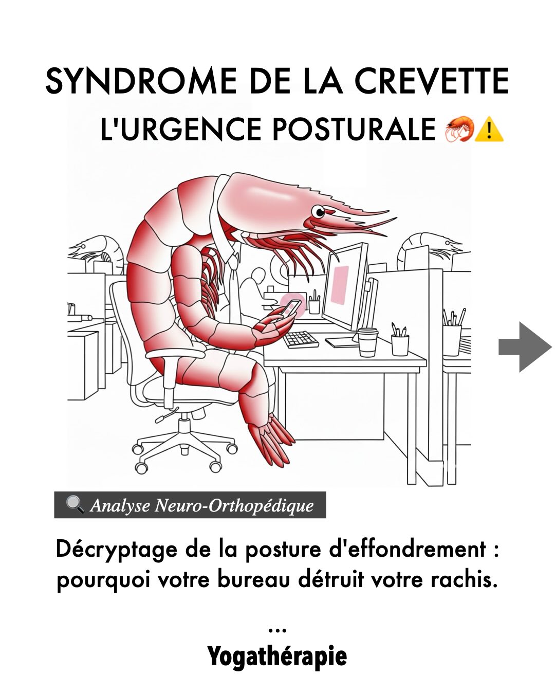 🦐 SOUFFREZ-VOUS DU SYNDROME DE LA CREVETTE ?
Regardez bien ce dessin...
Est-ce que ce n’est pas un peu vous, là, tout de suite, devant votre écran ? 😅
Ce qui est nommé avec humour, le syndrome de la « crevette de bureau » est en réalité un complexe postural dysfonctionnel sérieux.
Et la science est formelle : en 2026, on ne peut plus ignorer l’impact de cet effondrement sur notre santé.
🔍 Ce que disent les dernières recherches (2025-2026) :
• Charge mentale & physique : À 45° d’inclinaison, votre tête ne pèse plus 5 kg, mais 27 kg pour vos cervicales (Al-Hadidi, 2025).
• Stress chimique : En comprimant votre diaphragme, vous activez mécaniquement votre système nerveux de survie (Argyrou, 2026).
• L’échec du « tiens-toi droit » : Vouloir se redresser par la force des muscles du dos est une lutte perdue d’avance sans un socle stable (Lee & Lee, 2021).
La solution n’est pas de « serrer les omoplates », mais de retrouver votre géométrie originelle. 🏗️💎
Nous venons de publier un dossier complet pour vous aider à sortir de cette impasse : 📖 « LA RECHERCHE DE L’APLOMB VERS TADASANA : Retrouver la verticalité naturelle par la Yogathérapie Posturale »
Dans cet article, nous vous expliquons comment utiliser vos jambes et votre bassin pour que la verticalité ne soit plus un effort, mais un état naturel.
Commentez APLOMB et nous vous envoyons le lien direct en MP.
Aussi en 1er commentaire sur Facebook.
Il est temps de quitter votre carapace de crustacé pour retrouver la stature de la montagne. 🏔️✨
#Yogathérapie #aplomb #posturo #aubureau #SergeEtCathYoga