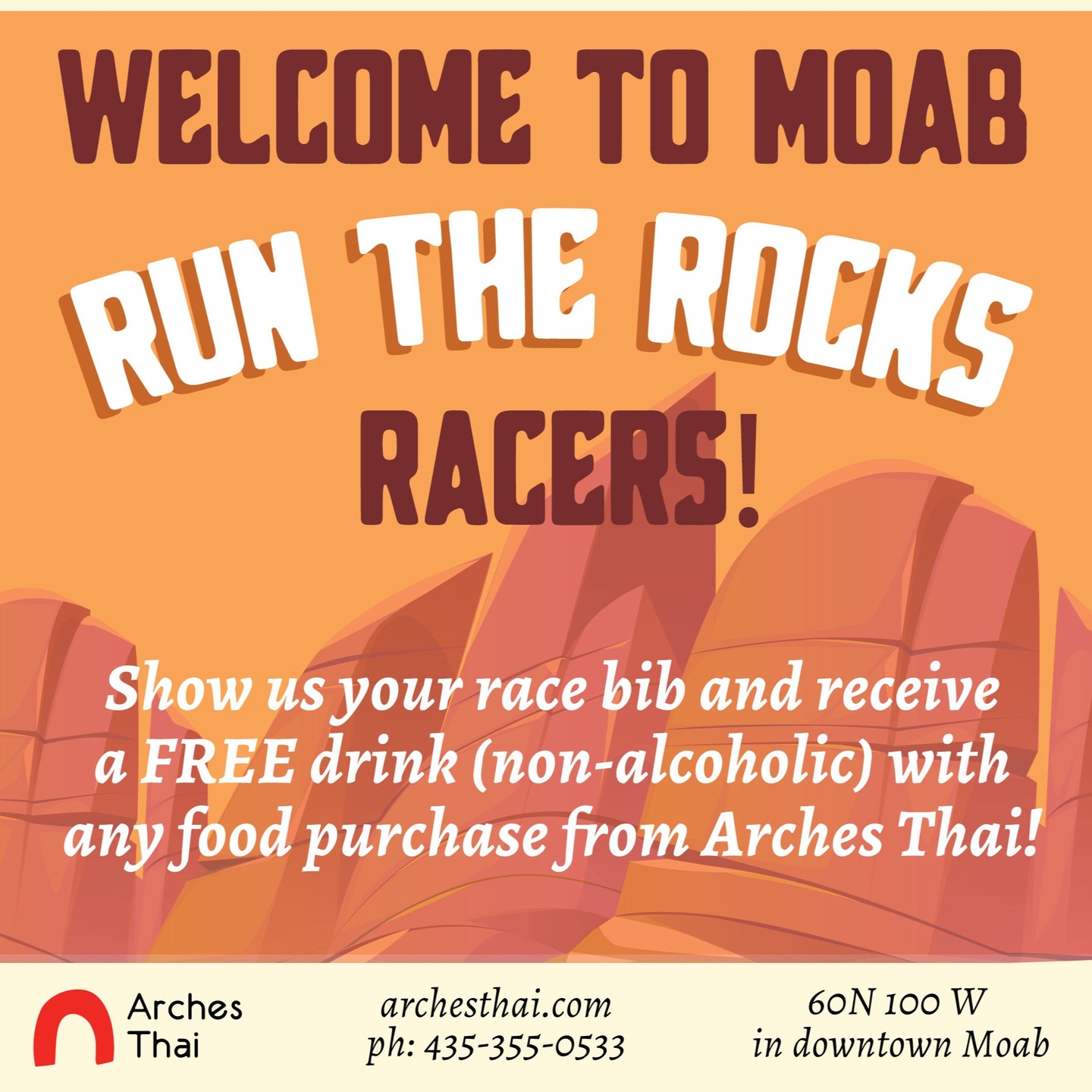 Welcome racers! Come on down post race and refuel with a warm meal and a free drink!
#Moab #RunTheRocks #ThaiFood