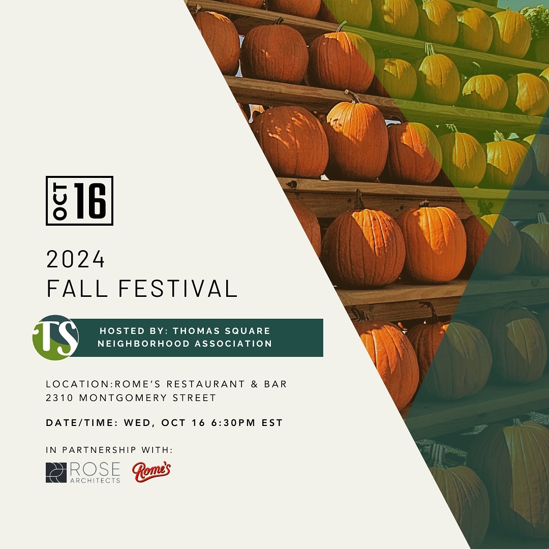 Join us for the 2024 Fall Festival 🍂 organized by the Thomas Square Neighborhood Association at Rome’s Restaurant and Bar on Wednesday Oct. 16th at 6:30pm. Indulge in a delectable culinary spread featuring clam chowder, clam cakes, and garlic bread provided by @romes.bar 😋 This scrumptious feast is complimentary for TSNA members with paid membership. Don’t miss the chance to showcase your creativity at the pumpkin carving stations, where each paid TSNA member will receive a free pumpkin. Non-TSNA members can participate in the festivities by paying a admission fee of $10 per person. Tickets can be purchased on the TSNA website at the link in our bio. This event is proudly sponsored by @savannaharchitect with food and venue provided by our friends at @romes.bar 🙏 We can’t wait to see you all there!