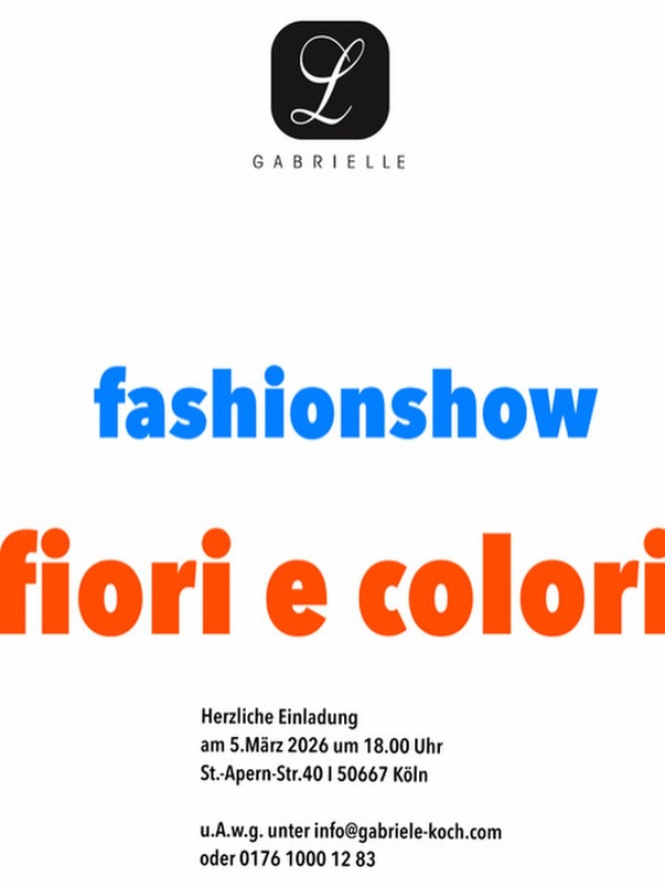 Herzliche Einladung zur Premiere meiner neuen Kollektion
FIORI e COLORI 🌸
Eine Hommage an Farbe, Form und das pure Lebensgefühl von Frühling und Sommer 2026.
Inspiriert von zwei Welten:
der klaren Eleganz von Mondrian und Bauhaus – mit mutigen Farbflächen und Geometrie –
und handgemalten Blüten, die jedes Stück zu einem tragbaren Kunstwerk machen.
Auf Wunsch bemale ich auch Ihre und Deine eigenen Kleidungsstücke mit einem ganz persönlichen Motiv – ob Lieblingsblume, Sternzeichen oder eine Szene vom Meer, aquarelliert von Hand.
Als kleines Dankeschön erhält jeder Gast eine von mir gestaltete Überraschung.
Ich freue mich auf Sie, Euch und einen wunderschönen Abend 🤍
📍 5. März 2026 · 18.00 Uhr
St.-Apern-Straße 40 · Köln
Anmeldung bitte per Mail oder Telefon.
Herzlichst
Gabriele Koch