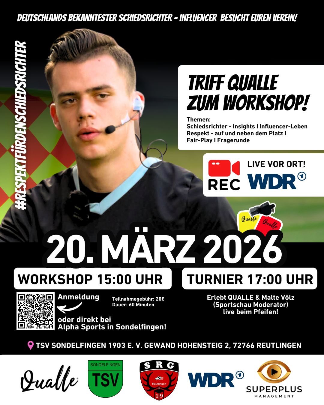 🔥QUALLE KOMMT MIT WUMMS 🔥
Pascal alias Qualle kommt am 20.03.26 ein zweites Mal zu uns nach Reutlingen! 🙌
Und dieses Mal kommt er nicht allein - er packt den Malte von WUMMS (das ist der mit dem lila Jackett 💜) ein.
Sie werden das Blitzturnier gemeinsam leiten, sich den einen oder anderen Spaß erlauben (oder wir mit ihnen 😈) und vorher wird Pascal wieder einen Workshop zu den Themen „Schiedsrichter-Insights“, „Influencer-Leben“, „Respekt - auf und neben dem Platz“, „Fair-Play“, uvm. abhalten. Wer beim letzten Mal dabei war, weiß, wie lustig, intensiv, aber auch tiefgründig dieser Workshop ist. 🙌🏼
Tickets hierzu gibt es entweder über den QR-Code mit Link zu unserer Website (www.srg-reutlingen.de) oder direkt bei unserem Partner Alphasports (@alphasports_rt) in Sondelfingen 🔥
Nicht zögern und seid dabei! 🤝
Ach ja… das WDR kommt auch noch mit… 🎥📸