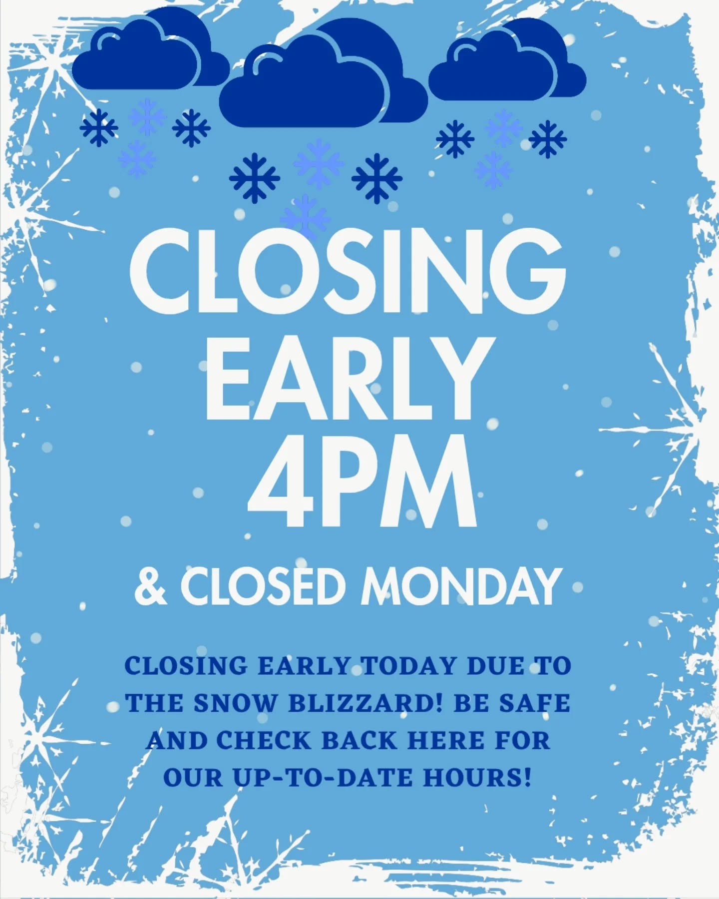 Blizzard Warning! 🥶 due to the intense blizzard coming, we're going to close both stores early today at 4:00 p.m. on Sunday. We're also more than likely going to be closed on Monday. Stay tuned and message us here on IG or FB if you have any questions regarding our up-to-date hours! Thanks so much & please stay safe! 🙏🏼❄️