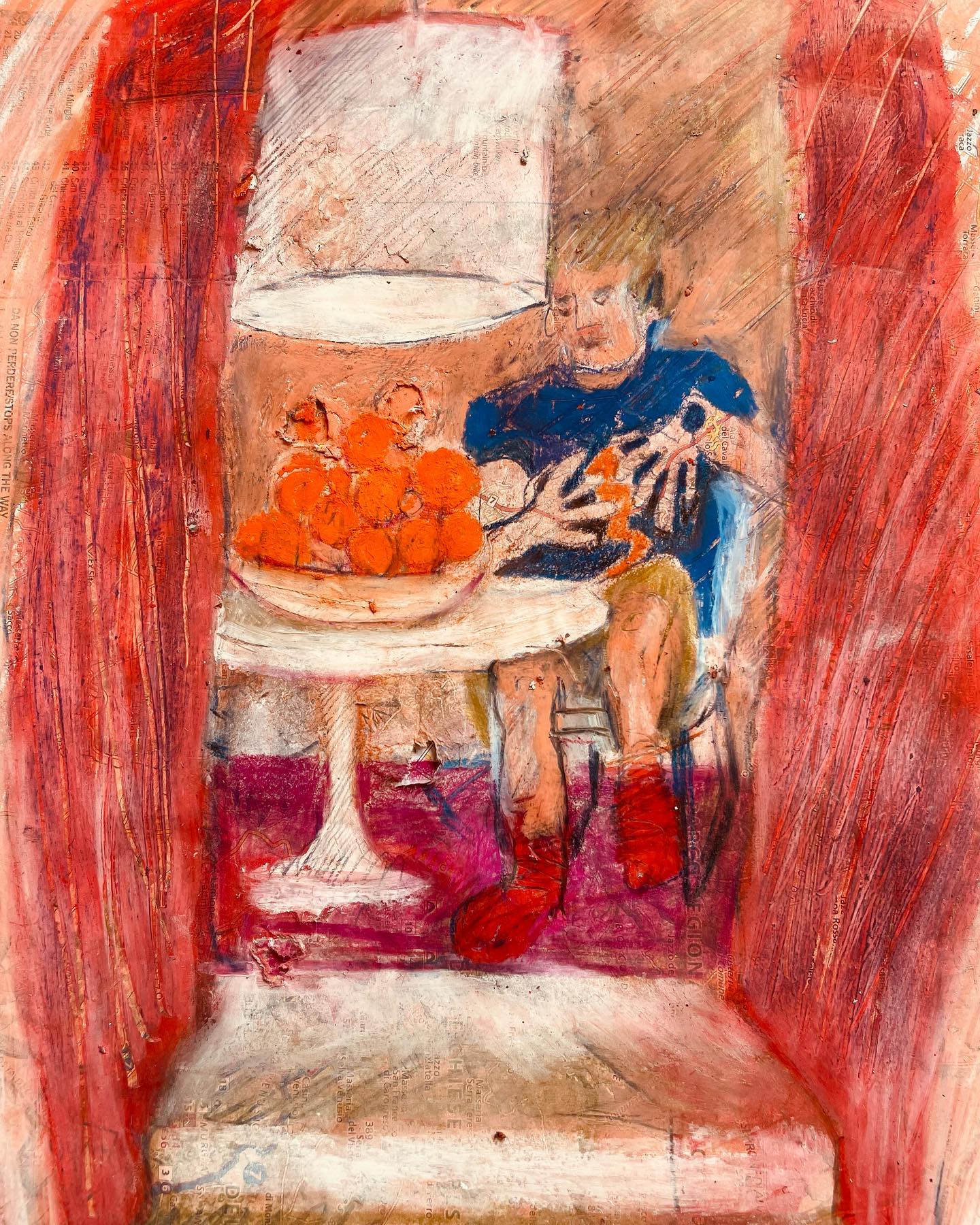 #cave, #bowloforangesapricotsandquinces, #midcenturymodern and #man in that order #scratched onto an city map. #redsocks #sketchwhatyousee #sketchwhatyoulove #sketchbook #markmaking #scratch #frescoes #matera #italy #walktosee #