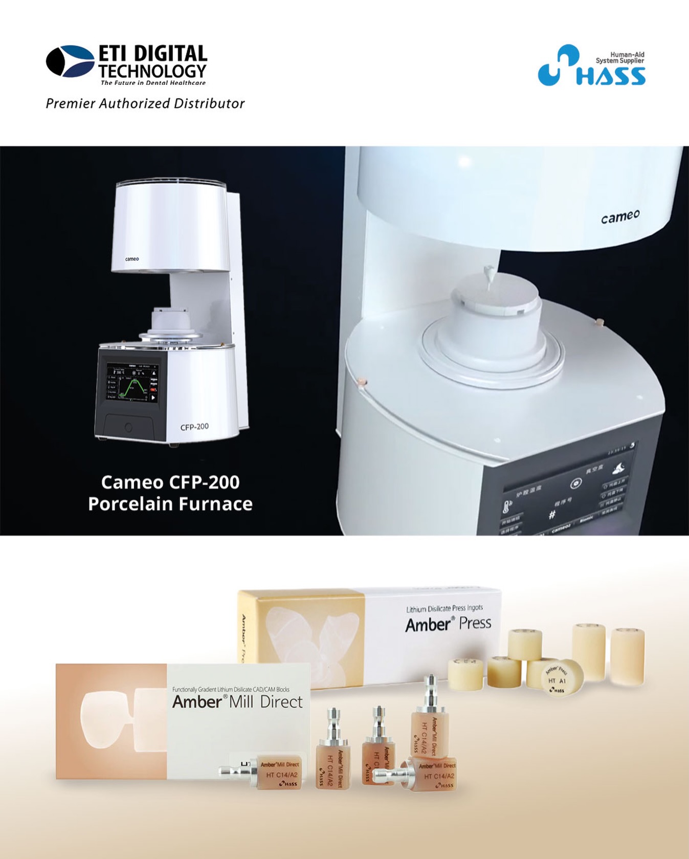 For a conventional workflow, our Amber® Press features high strength and a minimal reaction layer for efficient workability and excellent aesthetics. Biaxial flexural strength of Amber Press after crystallization is 460 MP, driving your work to be more completed. Since Amber press leaves only few amounts of reaction layer, the acid liquid is not required. This enables the work procedure to be easy and simple.
.
For a complete digital workflow, Same-Day Chairside restorations are now a reality with our millable Amber Mill Direct lithium disilicate material for the most simple in-house solution!
.
PREP➡SCAN➡DESIGN➡MILL➡STAIN & GLAZE or POLISH
.
Now you can achieve optimal restoration strength and esthetics for same-day restorations with Cameo CFP-200 Porcelain Furnace and the #DGSHAPE DWX-42W Plus Chairside Milling Solution.
.
📚 For more information, contact ETI Digital Technology today at 714-238-1490 or sales@etidigitaltechnology.com
#ETIDigitalTechnology #SameDayRestorations #AmberMillDirect #AmberPress PorcelainFurnace