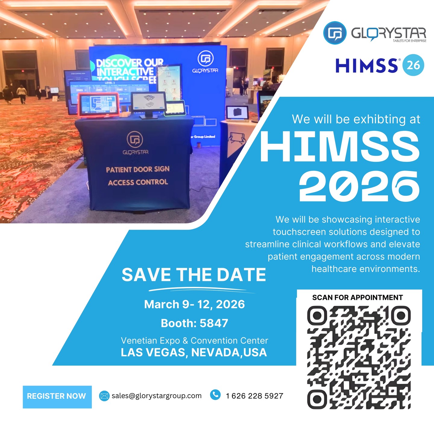 Healthcare needs technology that responds, adapts, and works seamlessly within clinical environments.
At HIMSS 2026, we’re showcasing interactive touchscreen solutions built to reduce friction in care delivery, strengthen communication, and turn digital systems into intuitive, human-centered experiences.
📍 March 9 to 12, 2026
📍 Booth 5847
📍 Venetian Expo and Convention Center, Las Vegas, Nevada, USA
Scan the QR code to book a meeting or contact us at sales@glorystargroup.com | +1 626 228 5927
Experience interaction designed for impact.
#himss2026 #digitaltransformation #healthcaretechnology #patientengagement #glorystartouch