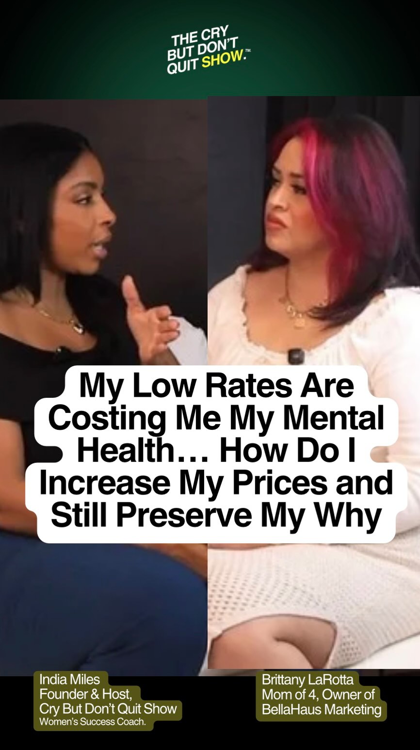 My success coaching is for the WOMAN — behind the businesses. Behind the responsibilities. Behind the titles.
Mom of 4 and new business owner, @thebrittanynicole89, opens up about the mental toll of pricing herself too low because she wants to serve women just like her.
If you’ve ever felt guilty charging what you’re worth… this conversation is for you.
Watch the full episode on YouTube to hear what I told her — and drop some encouragement below so she knows you’re watching. 💥🚀
Cry But Don’t Quit.