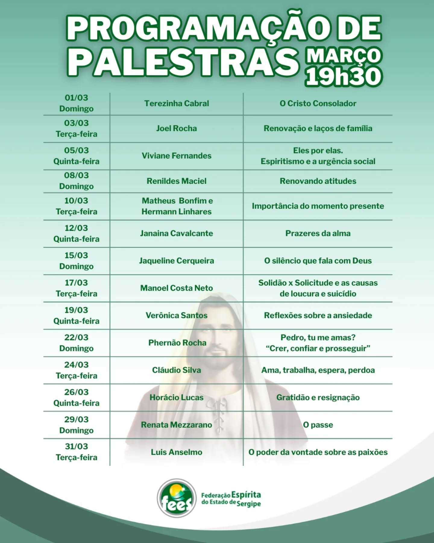 Programação de palestras presenciais do mês de março na FEES.
🕢 Sempre às 19h30
📍 Federação Espírita do Estado de Sergipe (FEES)
Rua Dr. José Mesquita Neto, nº 21, Inácio Barbosa – Aracaju/SE
✨ Participe! Seja bem-vinda(o)! ✨
#sergipeespirita