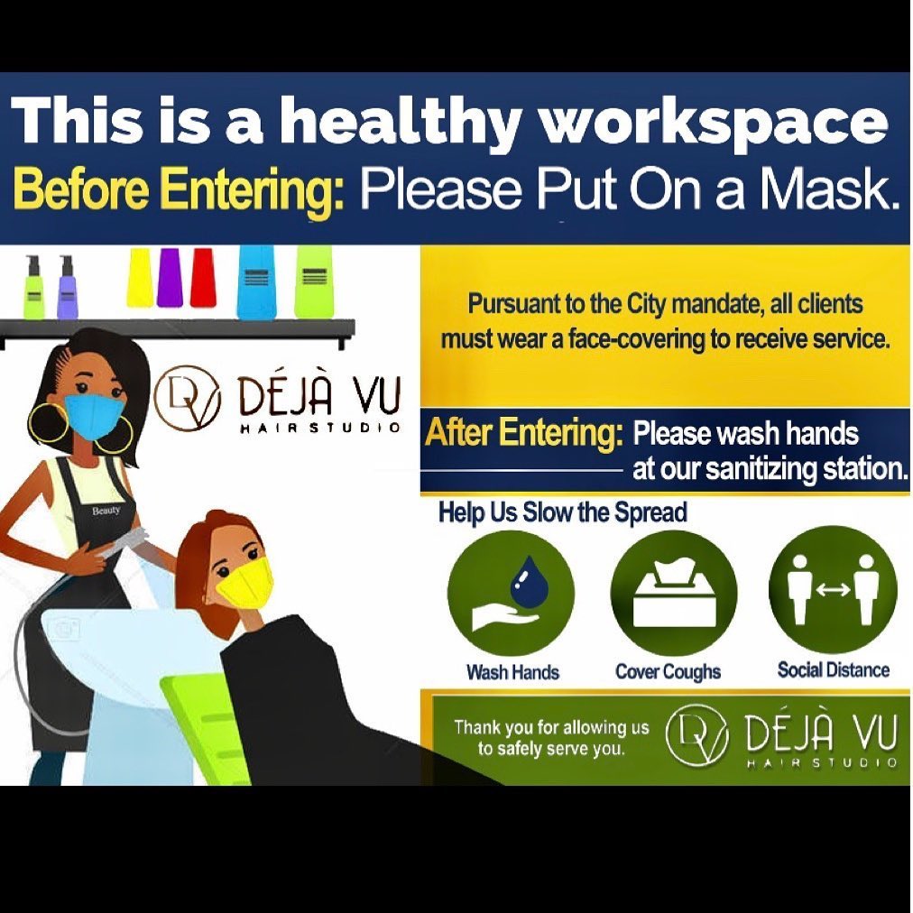 !ATTENTION! Glad to announce that Deja Vu Hair Studio is open to receive clients by appointments only. Let’s work together to adhere to the CDC guidelines to keep salon safe for you,the clients ,and the staff. Looking forward to seeing everyone !