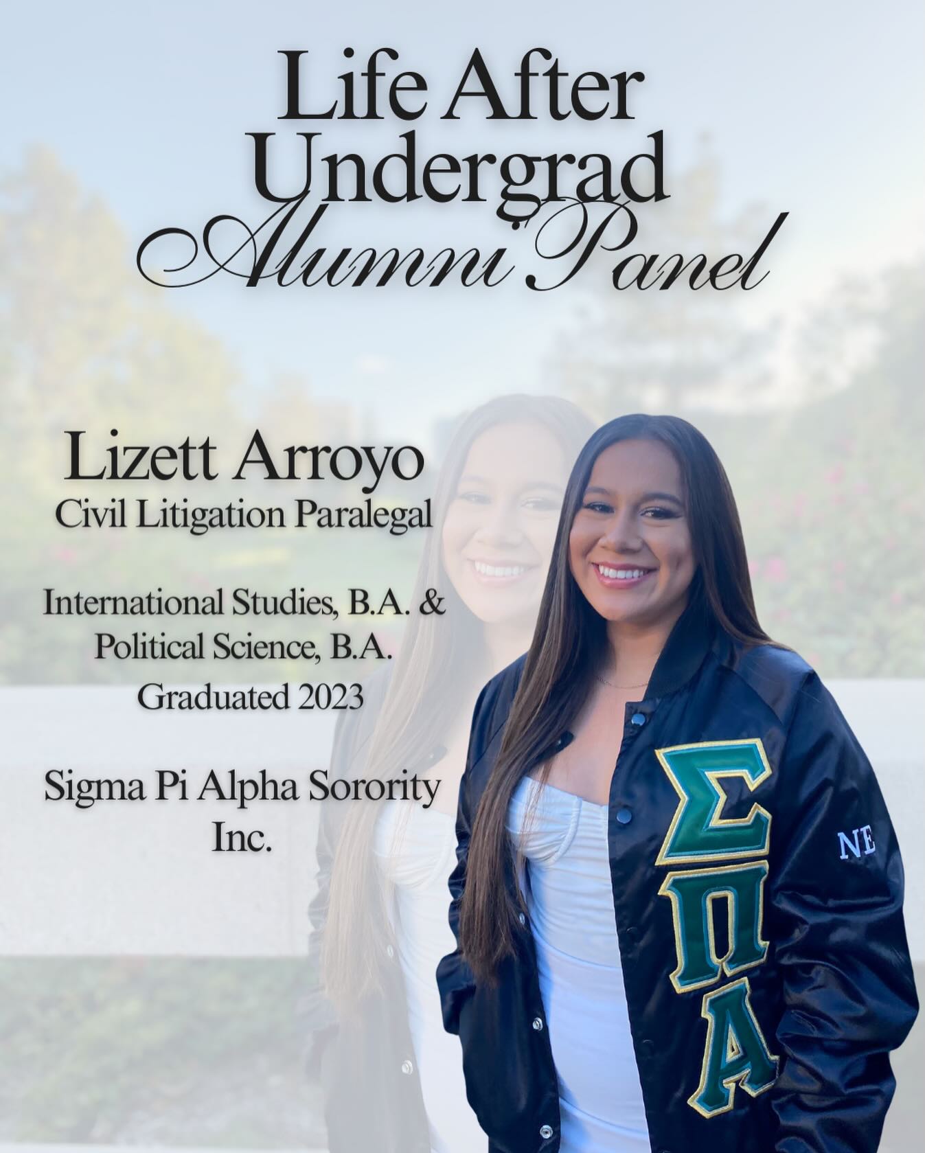 Meet our alumni panelist! Lizett Arroyo graduated in 2023 with a B.A. in both International Studies and Political Science and is currently a Civil Litigation Paralegal!
Learn more about her experiences at our alumni panel on Tuesday!
#msfc #sorority #fraternity #uci #ucievents