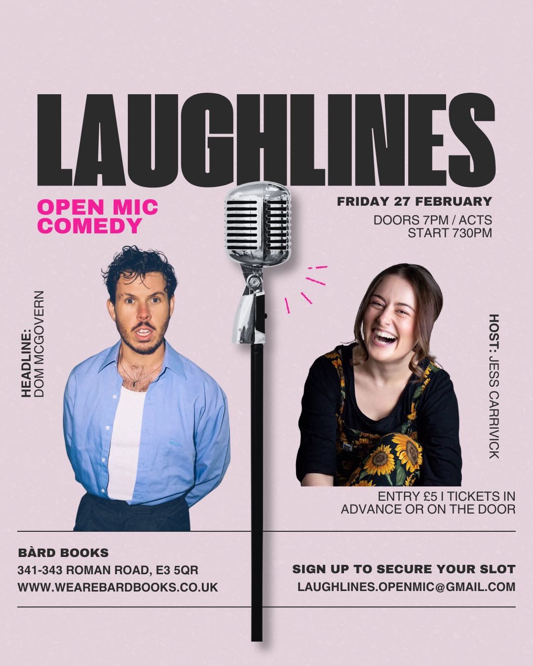 Look how much fun you all had @laughlinesopenmic in January. And you could be having more fun this month with the wonderful @dominicmcgovern , described by Rolling Stone as ‘Endlessly entertaining and outrageously funny’.
The perfect antidote to the 734th day in a row of rain. It won’t rain inside. We can promise you that.