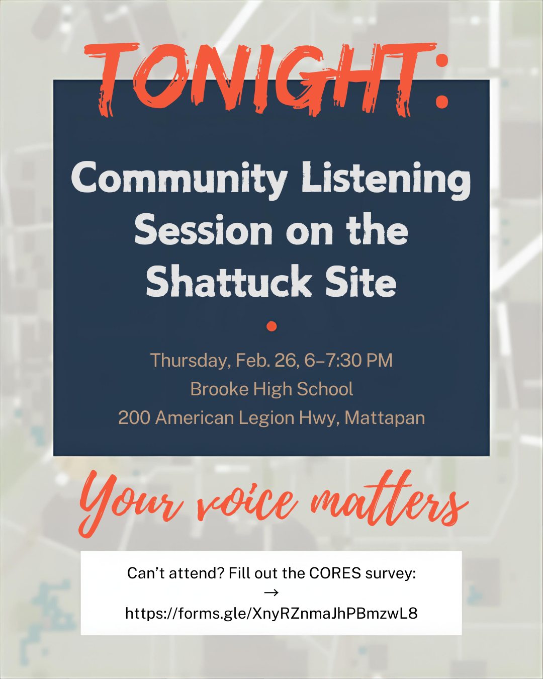 📣 TONIGHT: Community Listening Session on the Shattuck Site
The Executive Office of Health & Human Services (EOHHS) is hosting its first official listening session about the future of the 13 acres of former parkland once the Shattuck Hospital is taken down.
🗓 Thursday, Feb. 26 | 6–7:30 PM
📍 Brooke High School, 200 American Legion Hwy, Mattapan
This has been promised as a community-led, clean slate process. That only happens if we show up. Bring your ideas, friends, and neighbors — your voice matters.
Can’t attend? Fill out the CORES survey:
🔗 Link in bio