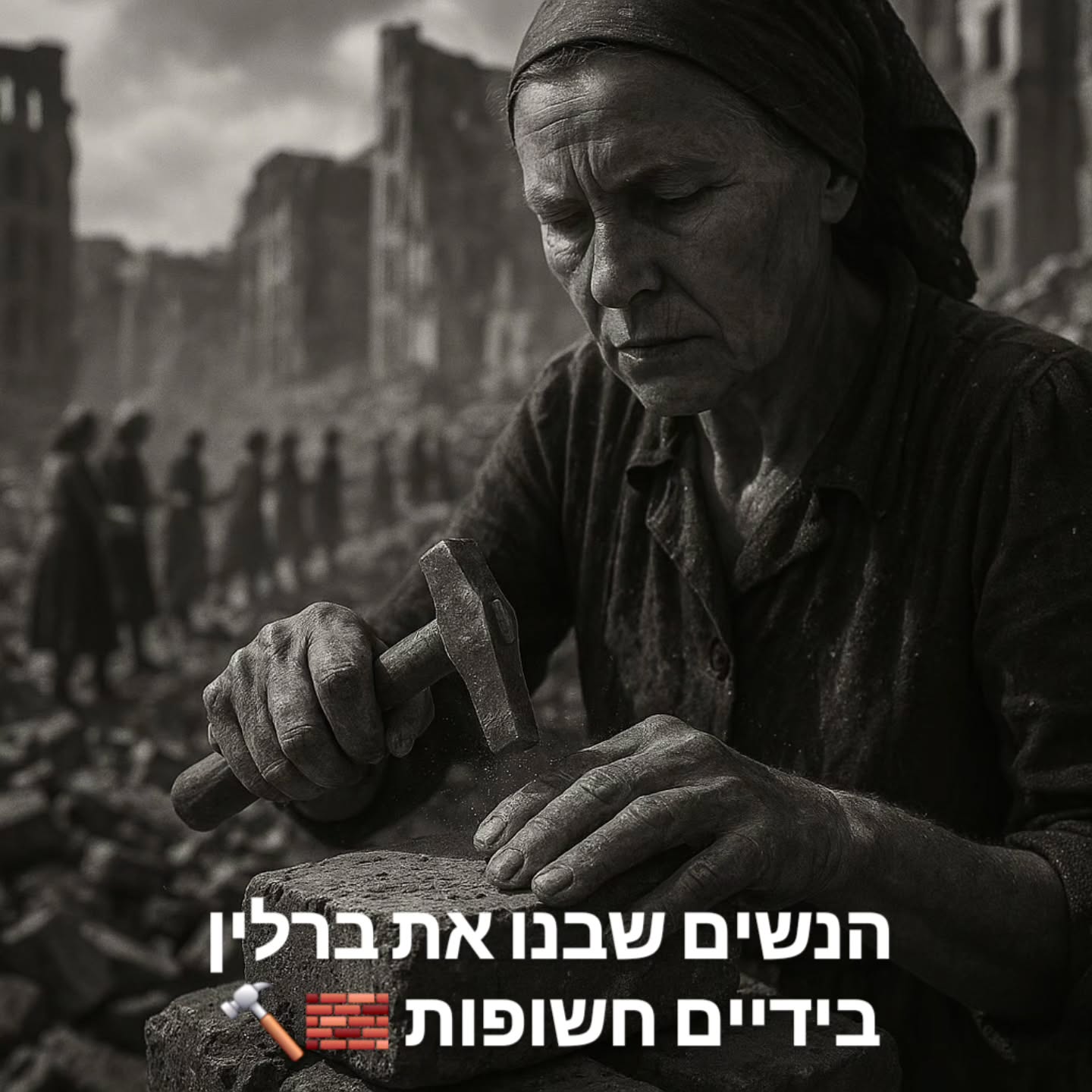 דמיינו שאתם עומדים על ערימת הריסות בגובה 10 קומות. ביד אחת פטיש קטן, וביד השנייה לבנה שרופה. 🛠️💨
אחרי מלחמת העולם השנייה, הנשים של ברלין היו אלו שהחזירו את העיר לחיים. בשרשראות אנושיות בלתי נגמרות, הן העבירו דליי אבנים וניקו מיליוני לבנים כדי שאפשר יהיה לבנות הכל מחדש.
הן עבדו בשביל "כרטיס החיים" - מנות אוכל שאיפשרו למשפחות שלהן לשרוד את הרעב של 1945. היום, כשאנחנו מטיילים בפארקים כמו ה"טויפלסברג", אנחנו למעשה צועדים על ההיסטוריה שהן פינו במו ידיהן. 🌳🏙️
הצדעה לגיבורות האמיתיות של ברלין.
כל הפרטים על המאבק של נשות ההריסות מחכים לכם בפוסט החדש בבלוג. הלינק בביו! 🔗
#BerlinByShai #Trümmerfrauen #BerlinHistory #InternationalWomensDay #HistoryHack