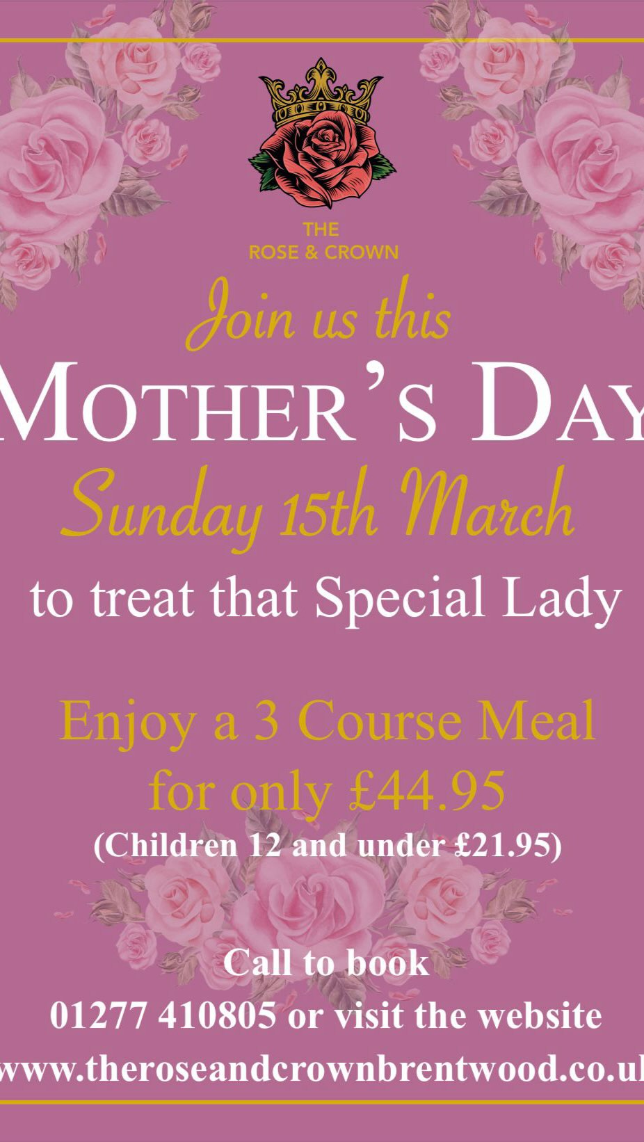 Celebrate Mother’s Day at The Rose & Crown Brentwood 🌸
Join us on Sunday 15th March and treat that special lady to an unforgettable dining experience.
Indulge in a beautifully curated three-course menu for £44.95, crafted with seasonal ingredients and a touch of Rose & Crown charm and make this Mother’s Day one to remember.
Reserve your table now:
https://web.dojo.app/create_booking/vendor/56Zde-9zdMk87e8zpQFmllJ3Ys3tPOtKa3FkzVjx31Q_restaurant
#MothersDay #MothersDay2026 #RoseAndCrownBrentwood #BrentwoodDining #EssexRestaurants SundayBest FamilyCelebration TreatMum ThreeCourseMenu DiningInStyle 🌷