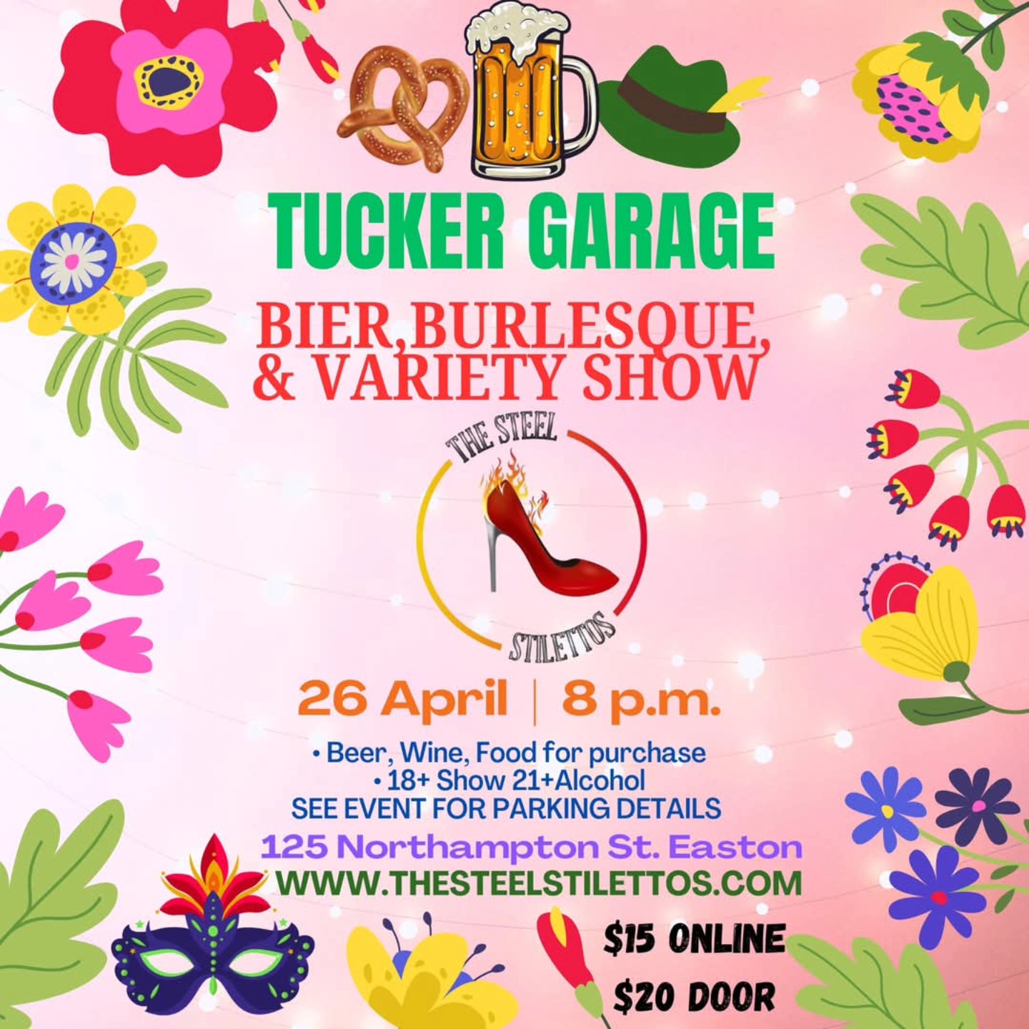 125 Northampton St. Easton
Parking information - There are paid public lots and on street meter parking.Tucker Garage is wheelchair accessible.
Special Price for this show only
$15 online $20 door
Featuring :
Diamond D'Light
Miss Cici Sweet
Vivienne Valentine
Dixie DuBonnet
Rowan Fyre
Felicity Fae
Natalia
Special Guest : Emerald
Producer :Mysterious Mr. J
Emcee :Vulgar Vixen
DJ K-Wak
#thesteelstilettos #burlesque #burlesqueshow