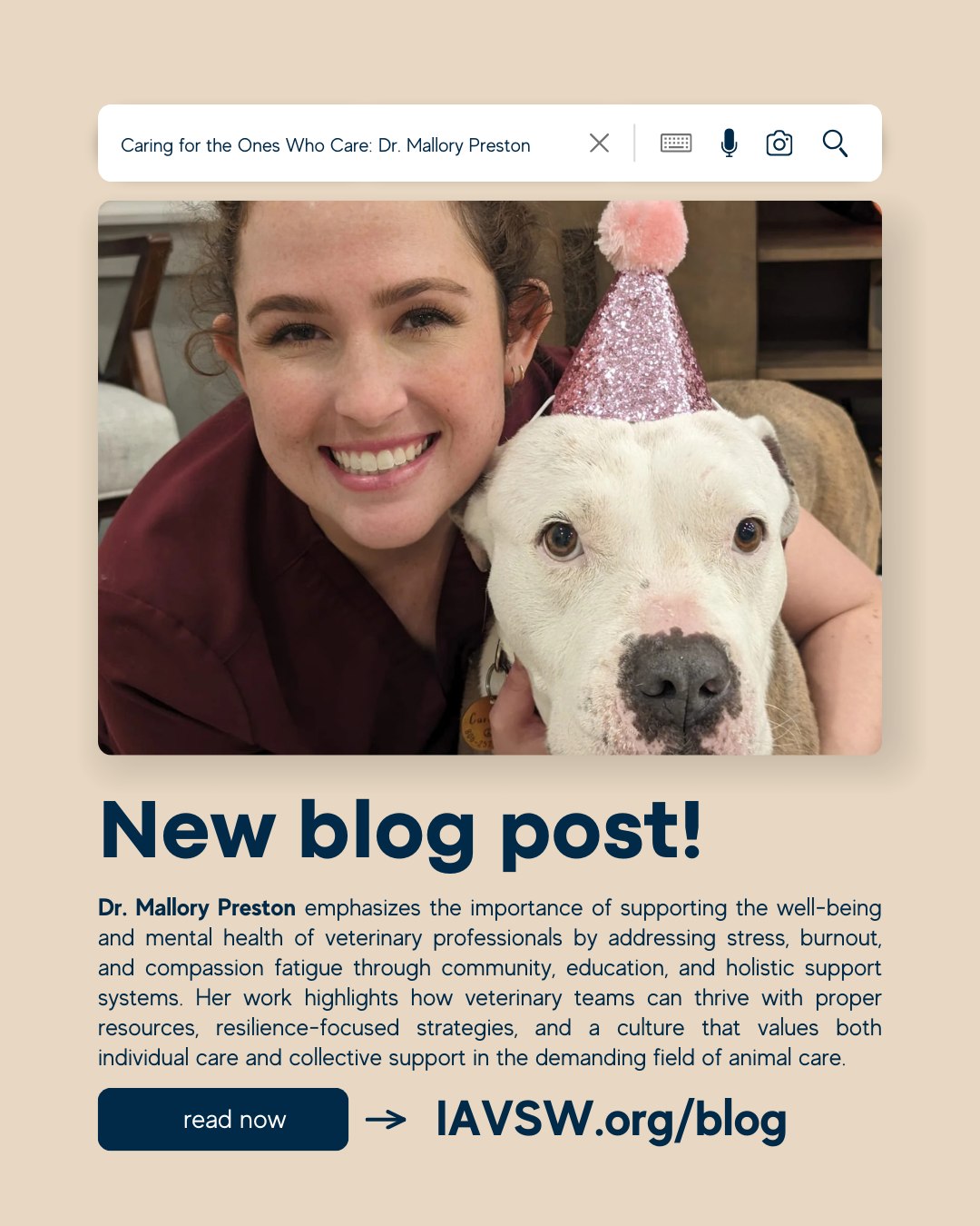 ✨ New on the blog! ✨
We’re spotlighting Dr. Mallory Preston and her insights on supporting veterinary teams — the ones who care for our animals every day. 🐾💙
👉 Head to our latest blog post to learn more about caring for the caregivers in veterinary medicine: https://www.iavsw.org/blog
#VeterinaryCare #VetTeams #WellBeing #VetSocialWork #CaringForCaregivers